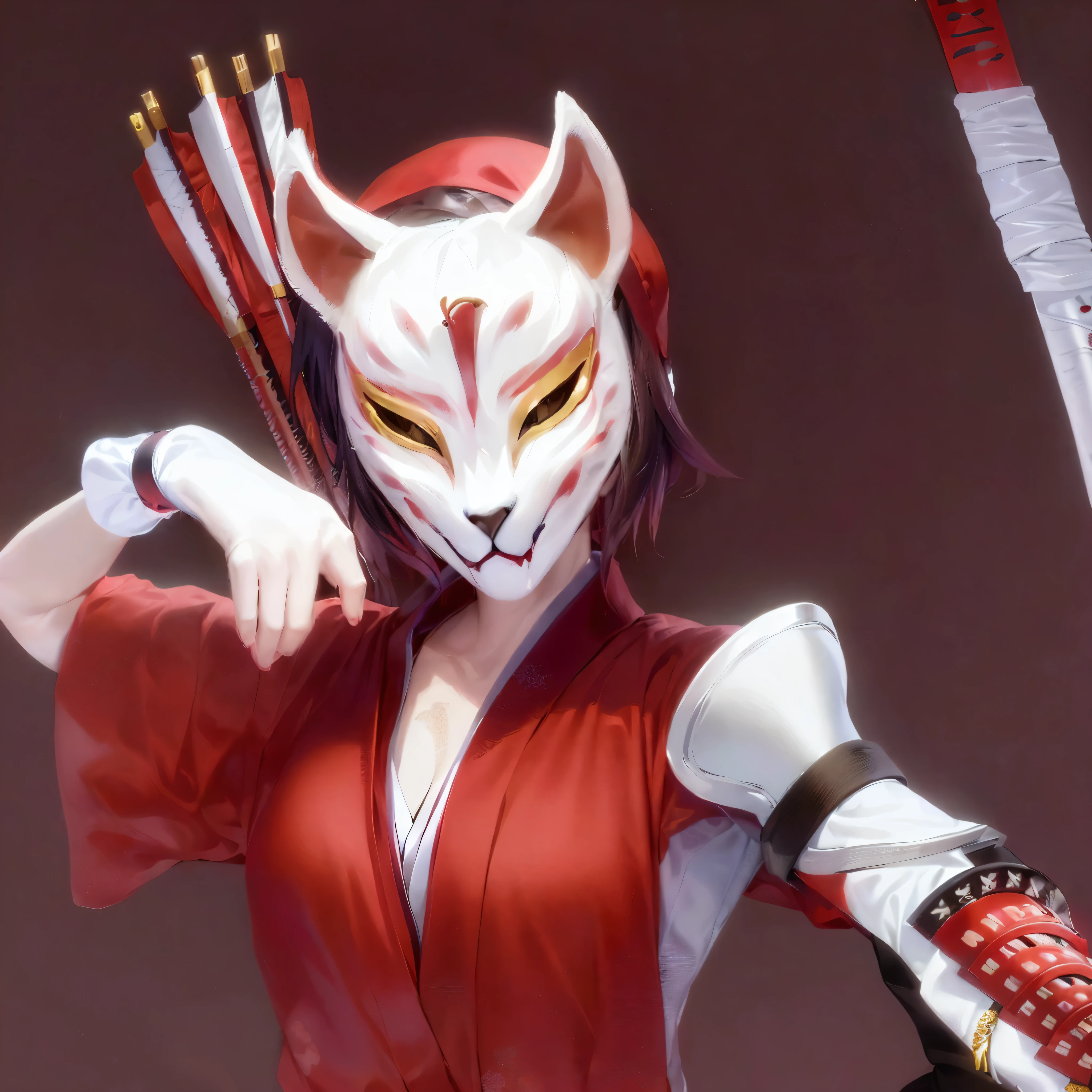 anime character with a yellow outfit and a white mask holding a red arrow, fox nobushi holding a naginata, anthropomorphic cat ninja, tabaxi monk, fox nobushi, kitsune inspired armor, with kitsune mask, tabaxi :: rogue, wearing golden cat armor, female samurai, kunoichi