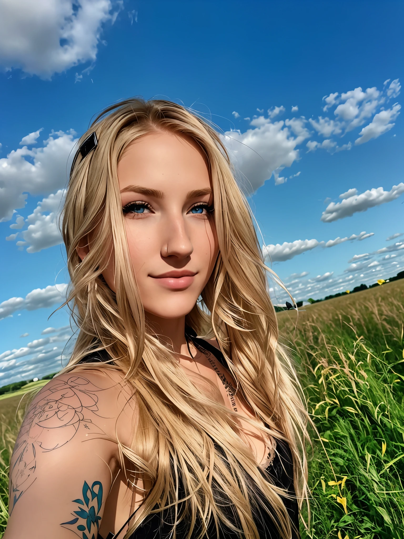 blond woman with tattoos on her arm standing In field, Ukrainian girl, selfie-фотография в разрешении 8k, Russian girlfriend, Anna Nikonova, aka newmilky, on a sunny day, on a sunny day, in sunny weather, In field, in the middle of the field, beautiful blonde, selfie, shot at right angles, with long blond hair, background is heavenly