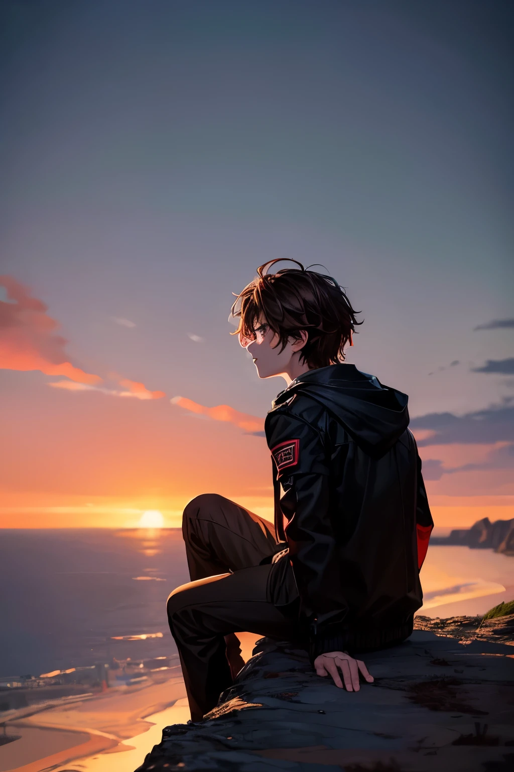 boy (brown hair, black jacket with red accents, white skin, messy hair) sitting on the edge of a cliff, facing away from camera (back facing the camera), looking out into the dusk sky where the shadow of a dragon is flying in the far distance