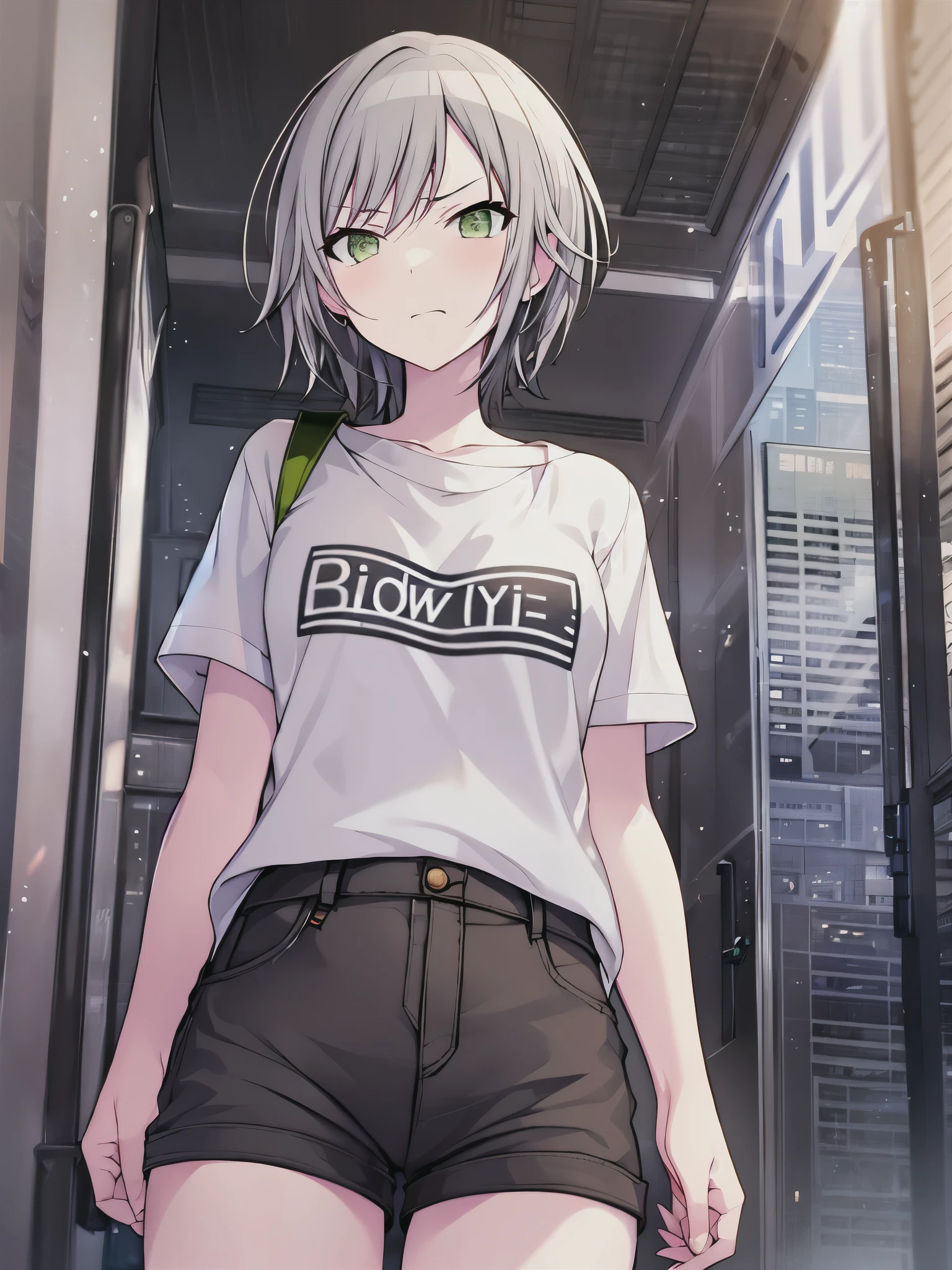 (masterpiece), short hair, grey hair, small breasts, hinomori shiho, tomboy, shiho_h, green eyes,wearing short_pants
,embarrassed,angry mouth,holding short_pants,NSFW,((Angle of view looking up at the girl from below))