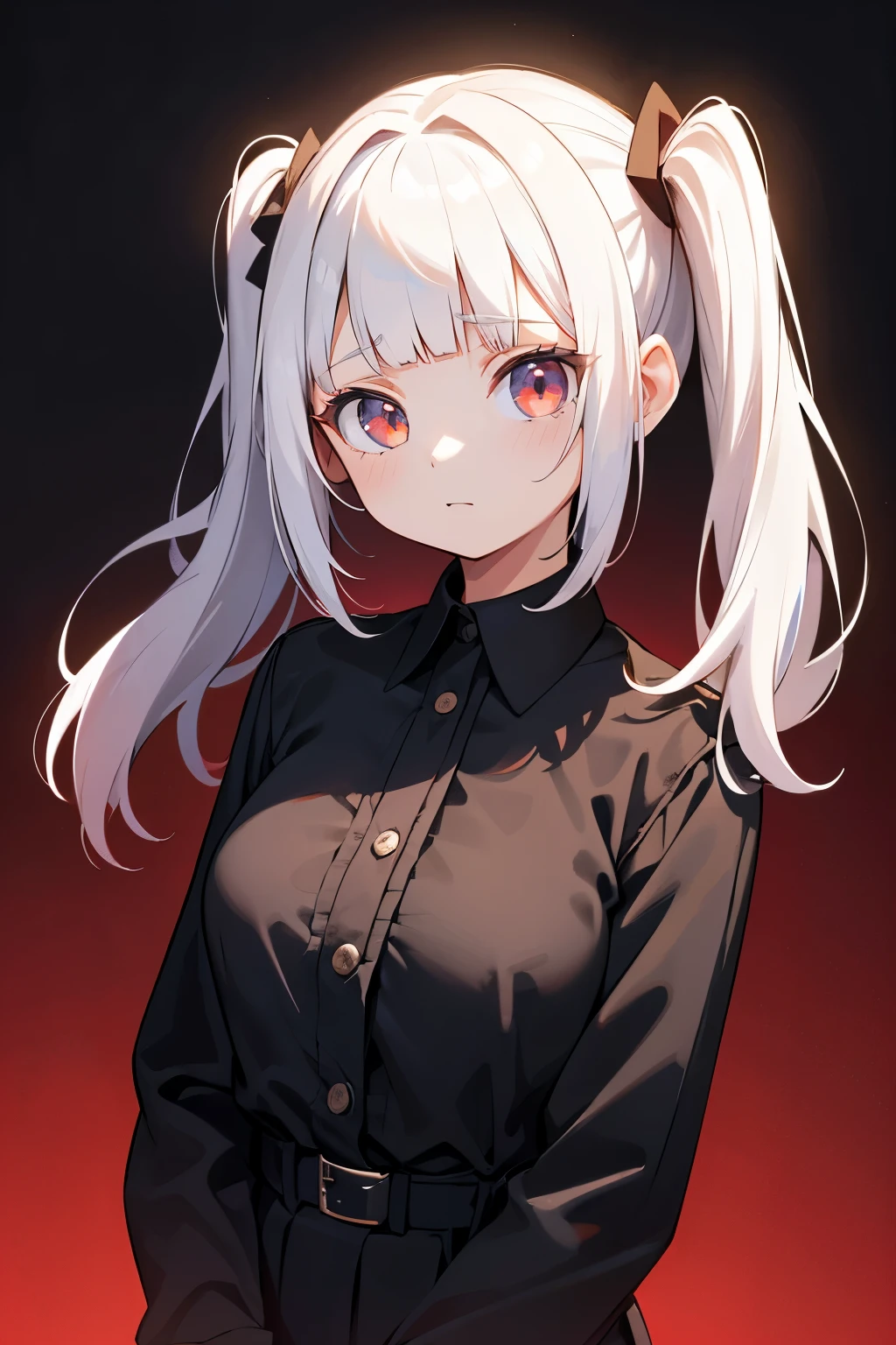 1girl, solo, She is 19, medium hair, twintails, blunt bangs,white Hair, Cute big eyes, small breasts, upper body, She stood up straight, her facial expression cute and expectant, Wearing formal school clothes, anime, cinematic lighting, UHD, super detail,Black and red background.