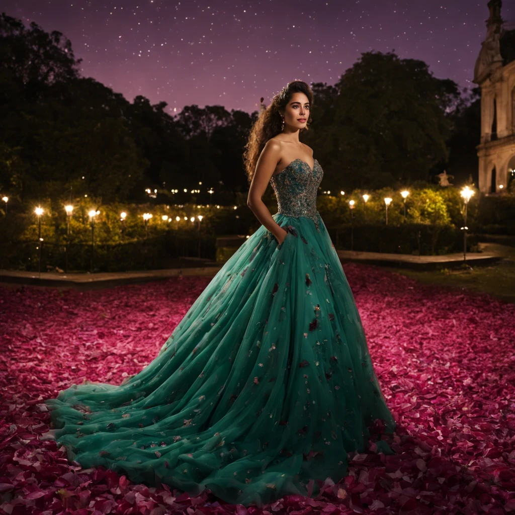 A high resolution, Absolutamente lindo，uma mulher (Zoe Saldanha) (27 anos)，O vestido Vinho，The debutante ball skirt is long to the floor, with a beautiful aurora borealis and very detailed in the night sky, com um jardim de flores detalhado, with flower petals falling from the sky, in front there is a cliff.