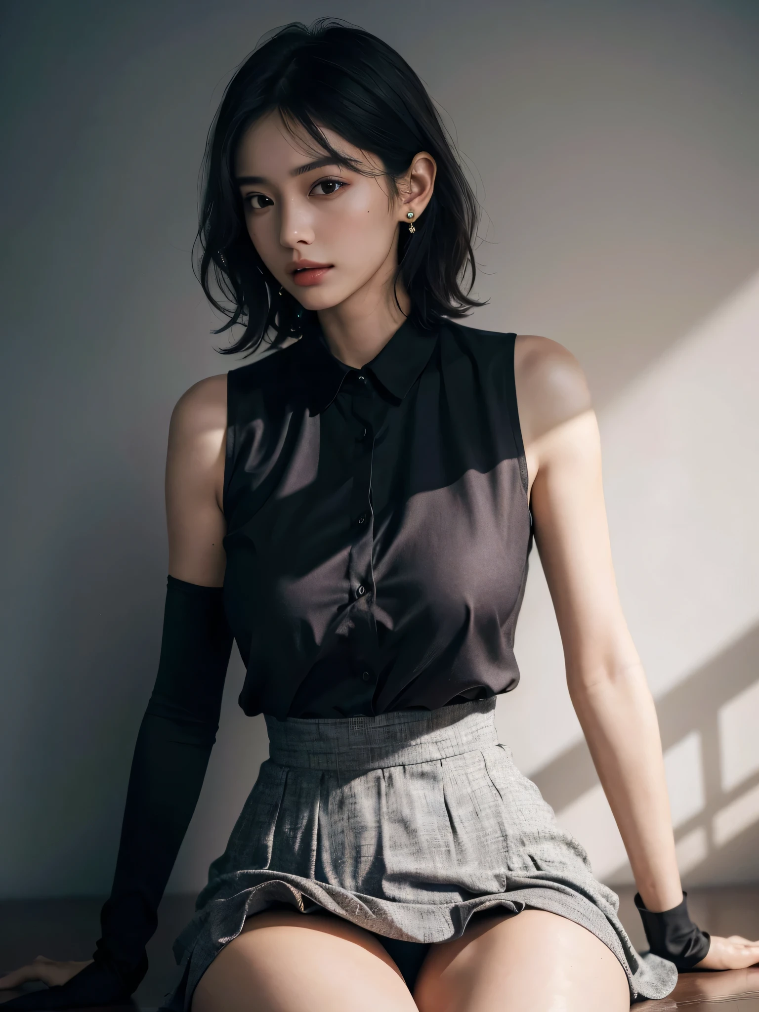 (disorganized, RAW photo, very delicate and beautiful, masterpiece, highest quality, ultra high resolution, 16k, surreal, super detailed, perfect anatomy, super dense skin, perfect figure:1.3), Highly detailed CG 8k wallpaper, 20's, very slim body, tight waist, very small head, very small face, delicate facial features, tearful mole, earrings, thin legs, (very huge round breasts:1.1), (full body shot:1), (1 girl:1), short hair, (wavy hair:1.1), collared dress shirt, Tight Skirt, No sleeve,