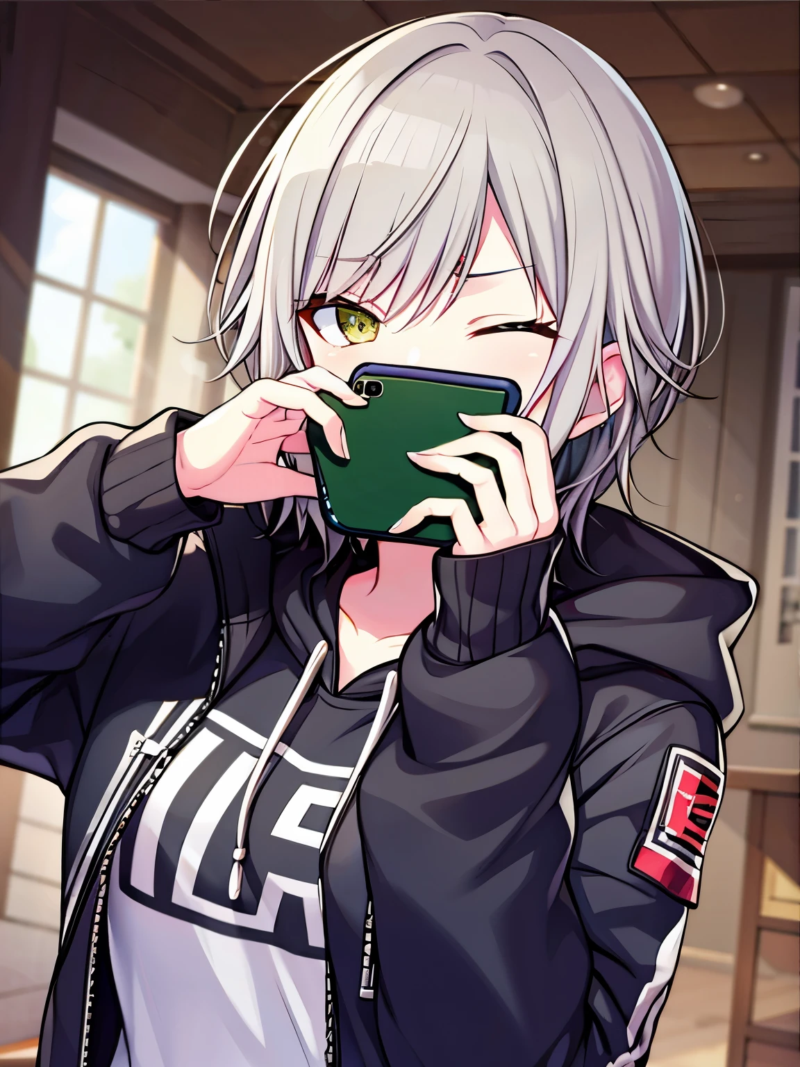 (masterpiece), short hair, grey hair, small breasts, hinomori shiho, tomboy, shiho_h, girl covers her face with her hands , 1girl ,covering face with hand,covering all face with hand,one eye closed, winking eye,half closed eye, wearing  sweatshirt, frownimg  eyebrow
