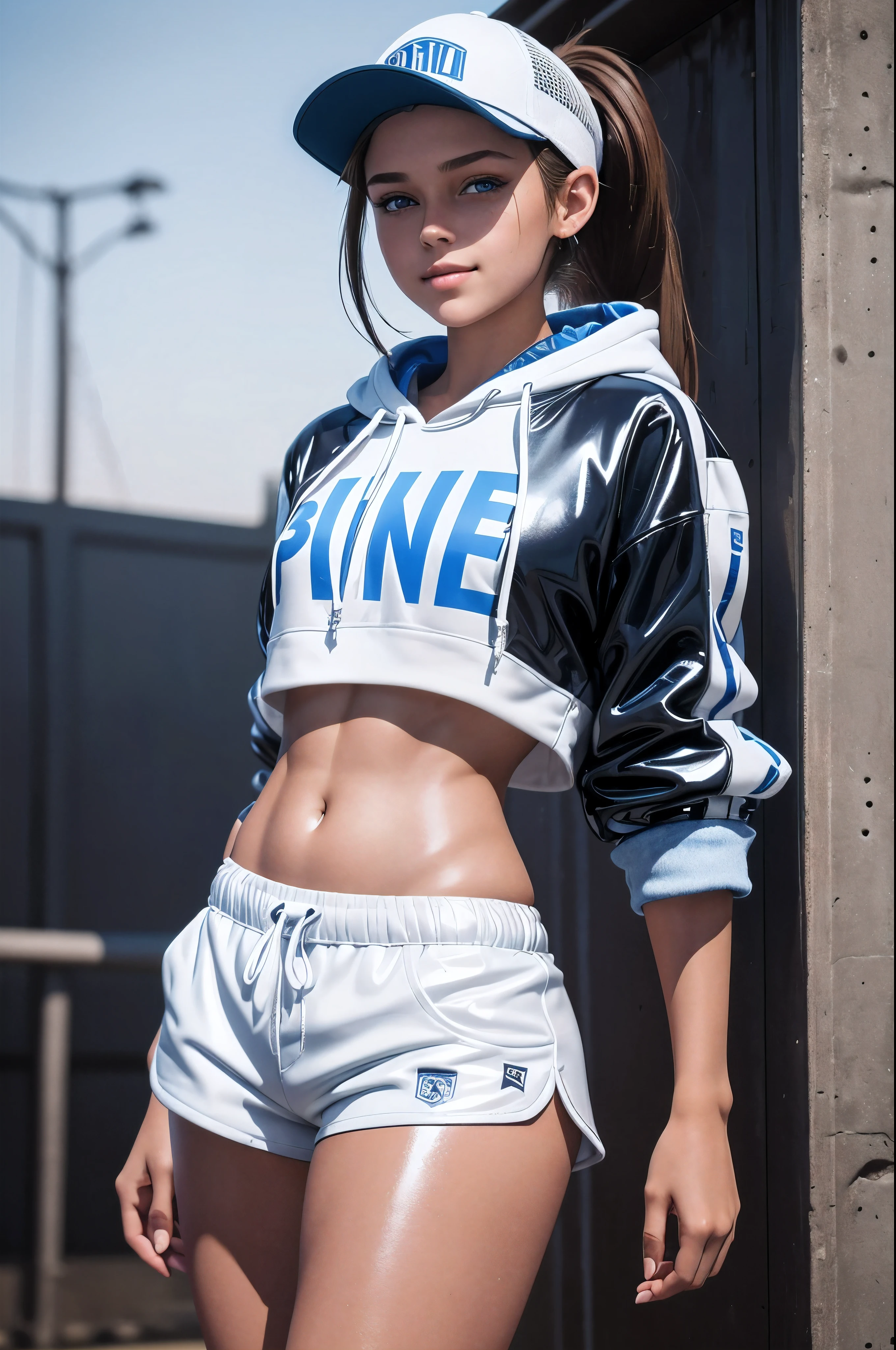 18 year old girl, brown hair, blue eyes, ponytail, (white latex short shorts), snapback hat realistic, (photorealistic: 1.4), smirk, crop top hoodie