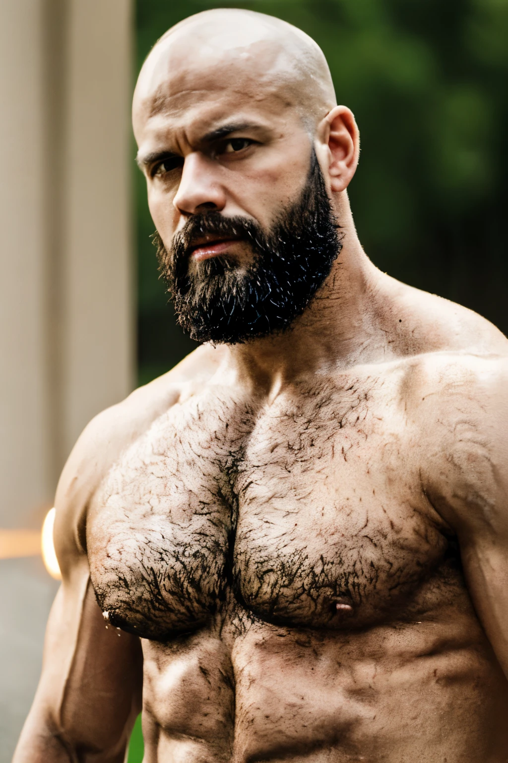 A muscular 40-year-old bald man portrait, wearing a white T-shirt and being naked, provocative, (best quality, 4k, highres, masterpiece:1.2), ultra-detailed, (realistic, photorealistic:1.37), strong body structure, defined muscles, intense gaze, rugged features, sculpted abs, dramatic lighting, seductive pose, vibrant colors, hiperrealism, 8k, bearded, Masculine.