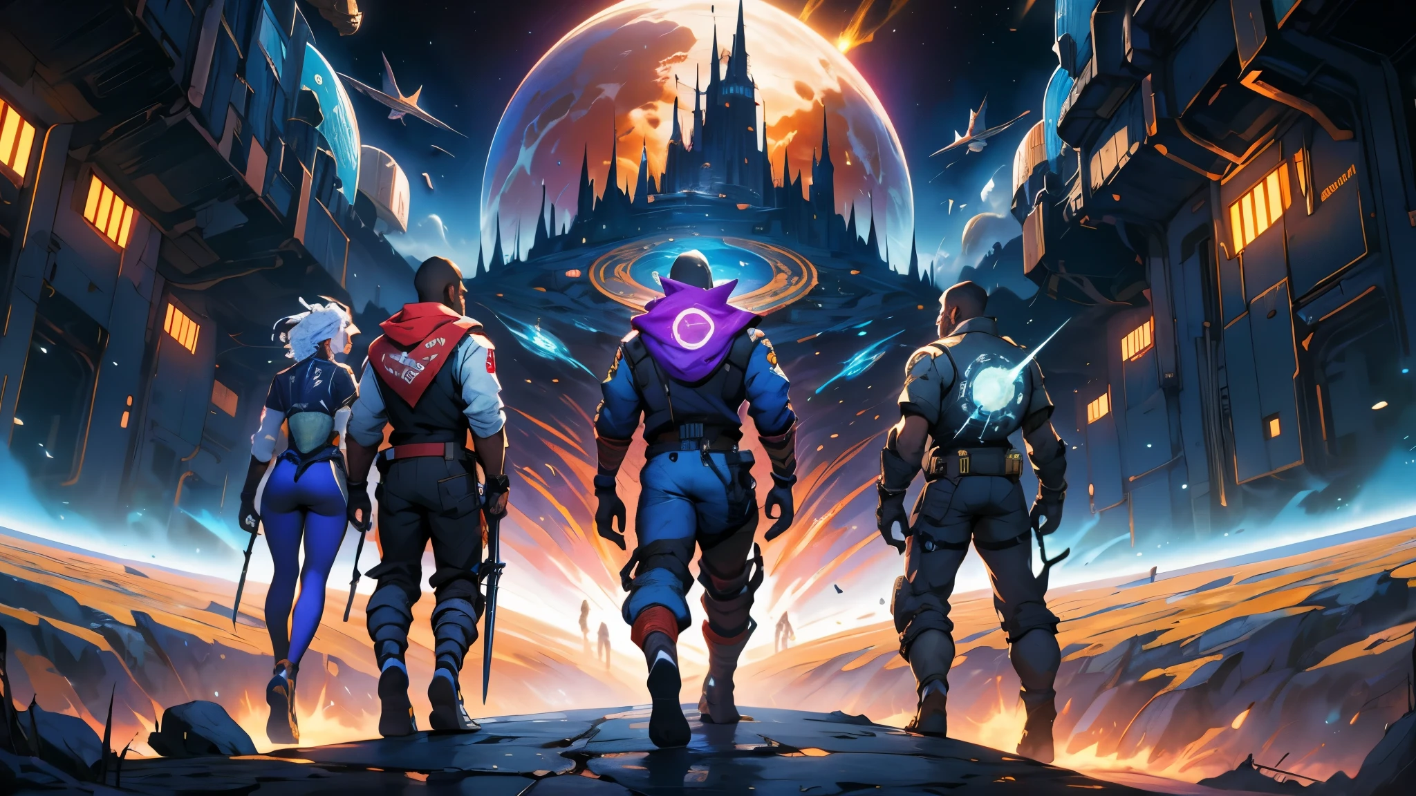 A wallpaper written "Numenera: The Knife's Edge:" with just 5 characters, 3 men and 2 women, dressed in futuristic clothes different from each other, wielding different weapons, seen from a distance and with their backs on an unknown planet looking at a dark, starry sky, with many fluorescent colors and a large space station being swallowed by a black hole, 4k, numenera, rpg