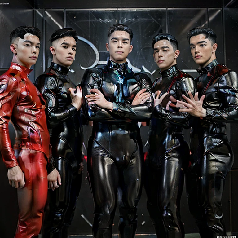  latex , full length shot , huge bulge , sexy , eroticism , super tight latex bodysuit , dynamic pose , 3 boys shooting porn magazine cover , uniform temptation , 3 handsome boys close together
