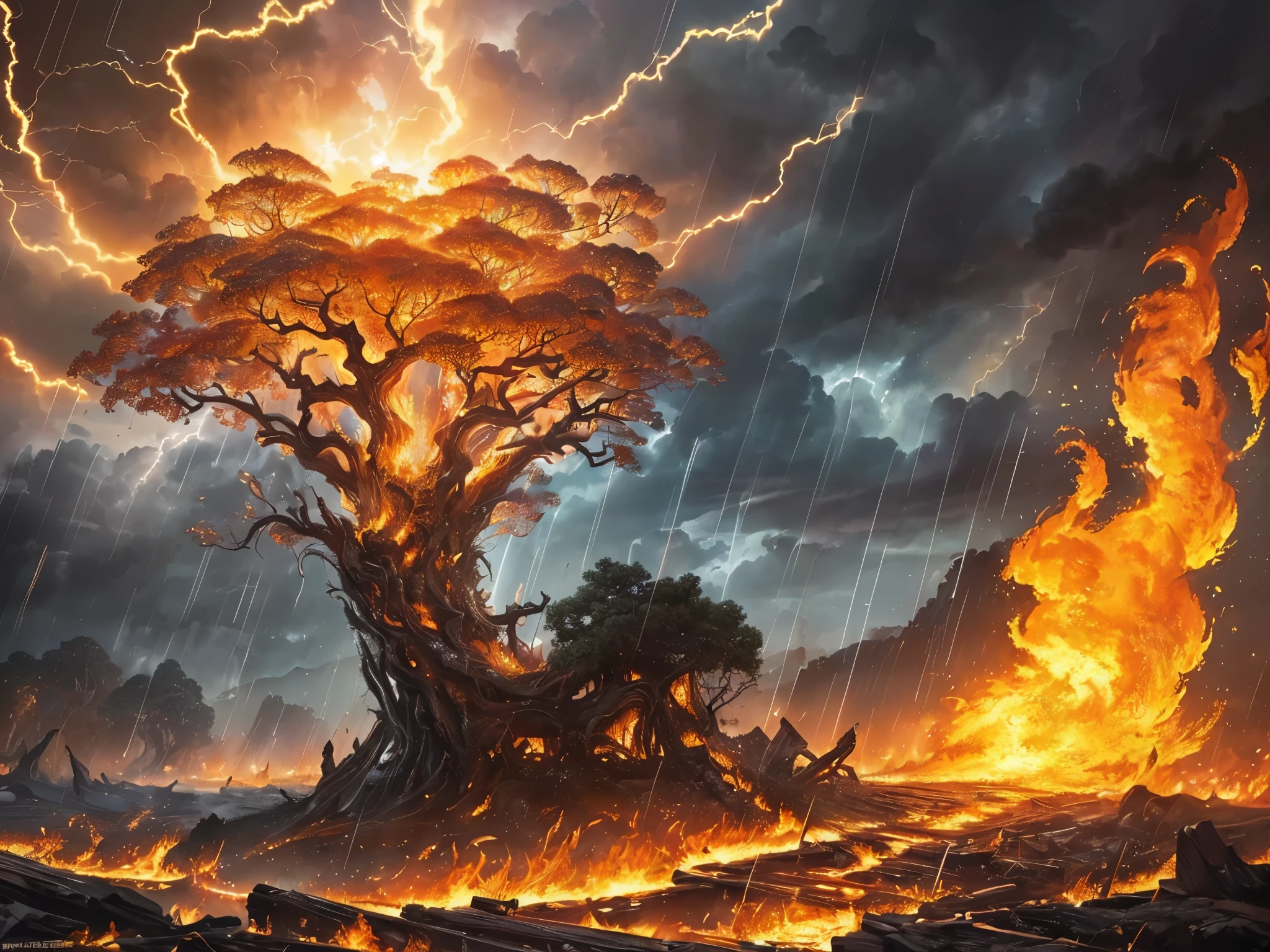 ((highest quality)),(ultra high resolution),(Super detailed),(detailed description),((best CG)),(best work of art),super precision art,amazing drawing art,(Art with precise details:1.5), Angry thunder and fire rains down from the sky and burns everything down.。A single flower sprouting on the earth