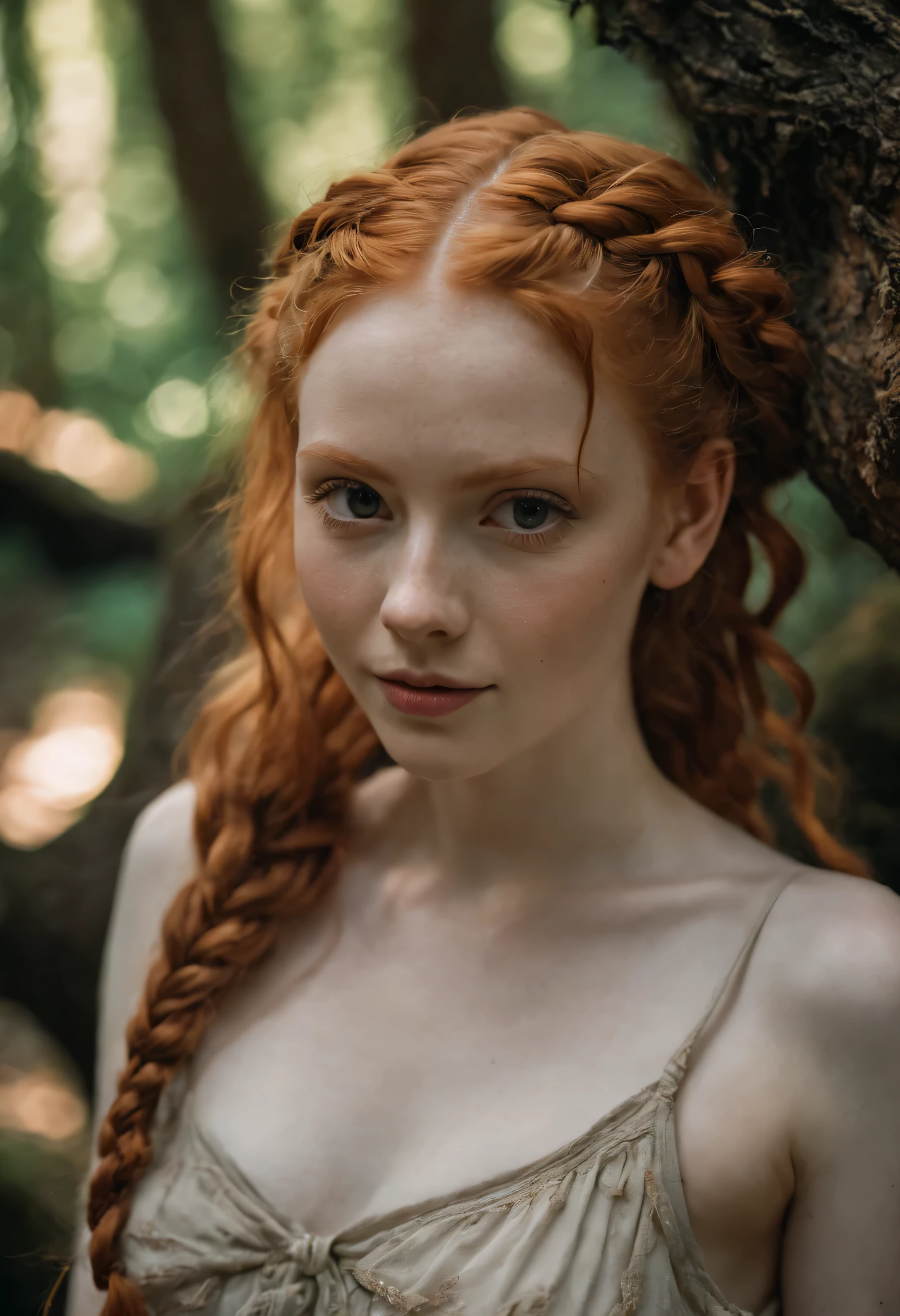 A young girl around 16 years old with long,  ginger hair tied in two high pigtails. She stands barefoot, with very pale skin covered with numerous freckles, visible on her face, arms, and legs. She stands barefoot without clothes. She is very slender,  both slightly worn. Her expression is somber, reflecting a melancholic atmosphere.