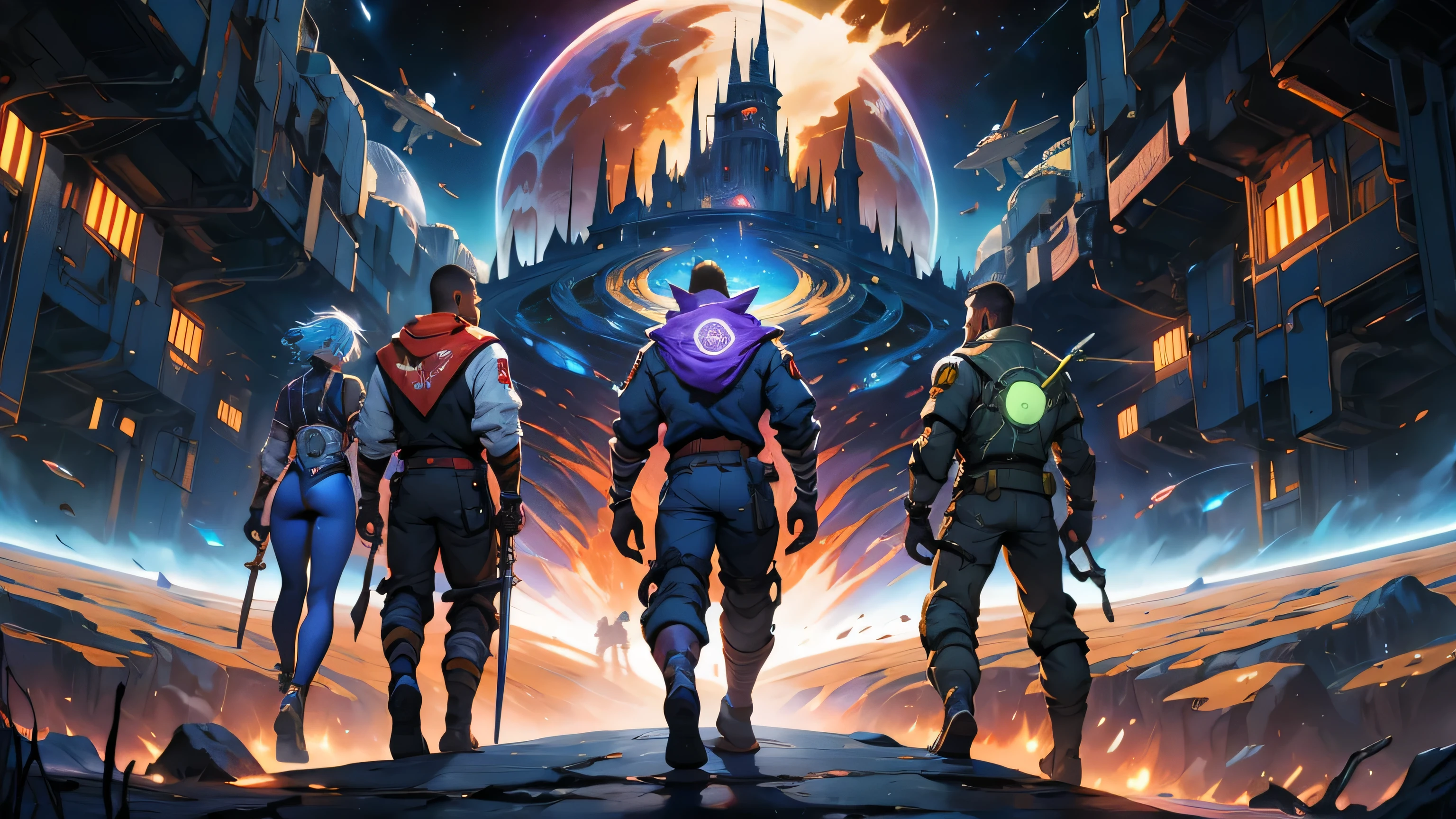 A wallpaper written "Numenera: The Knife's Edge:" with just 5 characters, 3 men and 2 women, dressed in futuristic clothes different from each other, wielding different weapons, seen from a distance and with their backs on an unknown planet looking at a dark, starry sky, with many fluorescent colors and a large space station being swallowed by a black hole, 4k, numenera, rpg