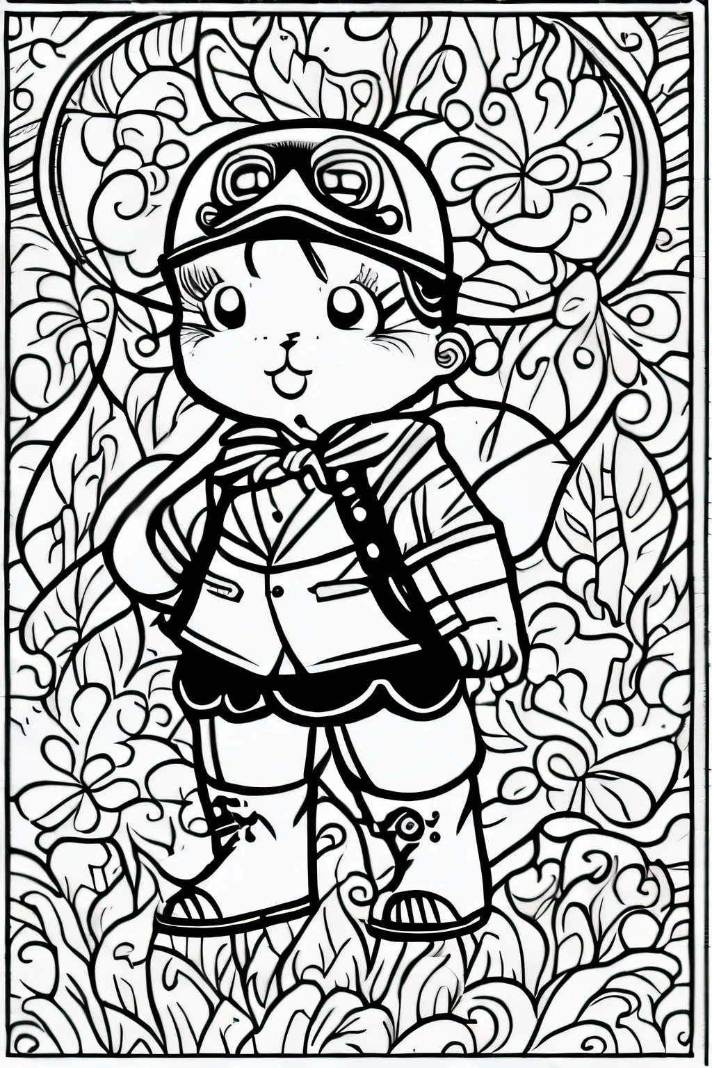 Chubby steam punk girl, COLR_001, black and white, thin lines, cute, simple, coloring book, clean, white background, on paper, full page