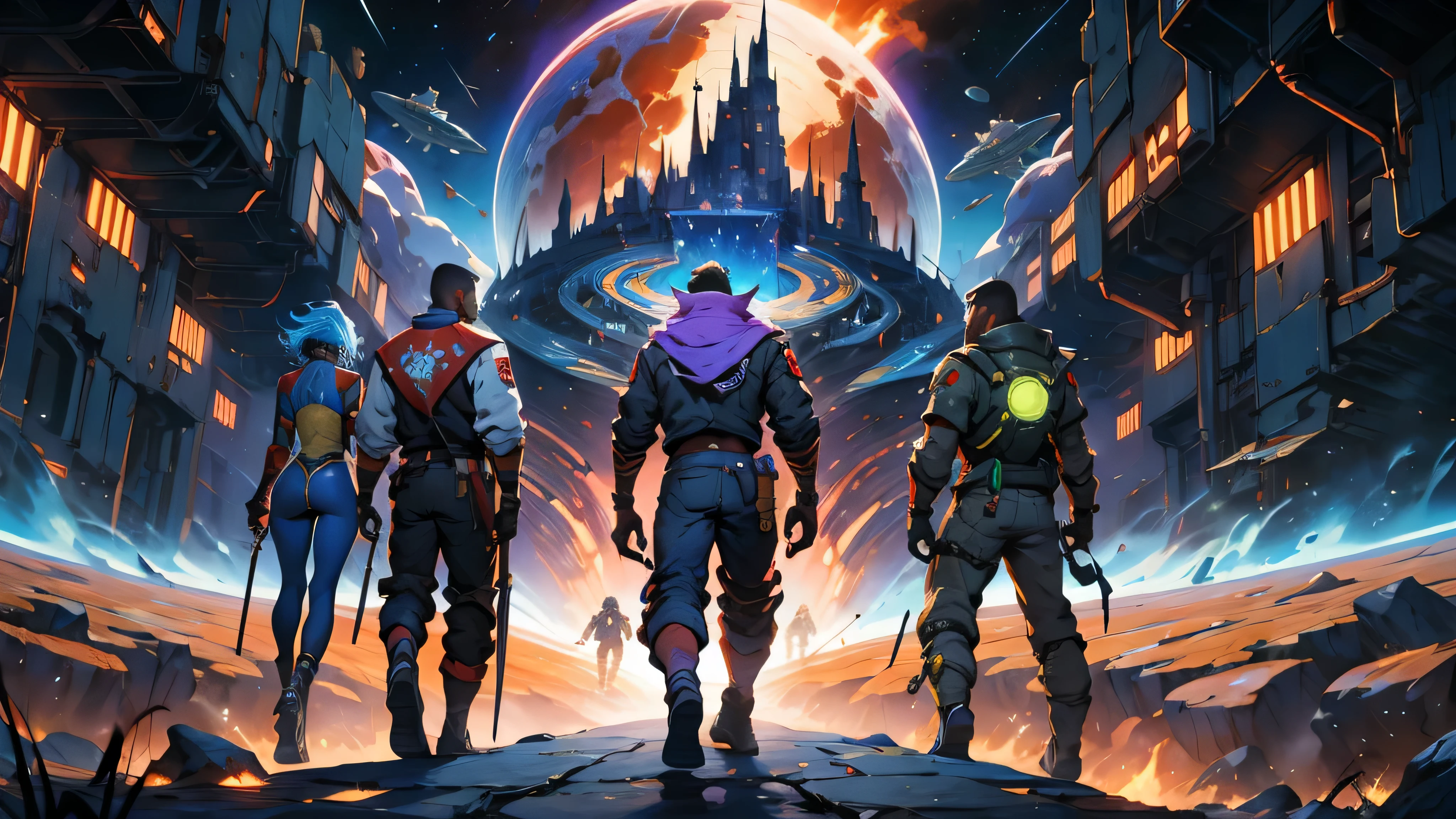 A wallpaper written "Numenera: The Knife's Edge:" with just 5 characters, 3 men and 2 women, dressed in futuristic clothes different from each other, wielding different weapons, seen from a distance and with their backs on an unknown planet looking at a dark, starry sky, with many fluorescent colors and a large space station being swallowed by a black hole, 4k, numenera, rpg