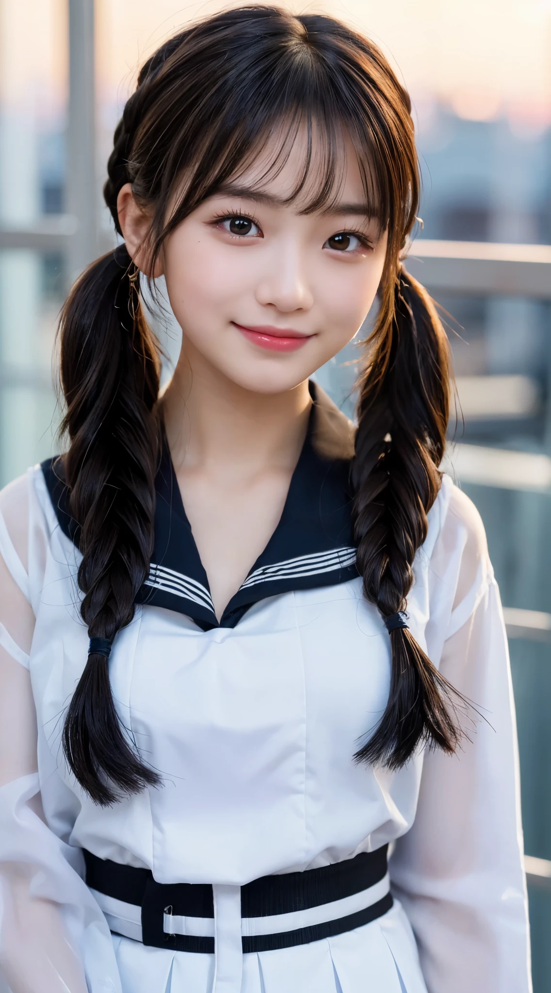 (highest quality,8K quality,masterpiece:1.3),(ultra high resolution,photorealistic:1.4,Live shooting),(Super detailed,caustics,detailed background),(ultra-realistic capture,Beautifully detailed skin,perfect anatomy),at dusk,sunset sky, ((sailor suit,high school girl uniform、 twin tail hairstyle, black eye)), ,14 years old,cute,single eyelid,black long hair,,Looking at the camera,A sluggish smile,bust up shot,Natural light