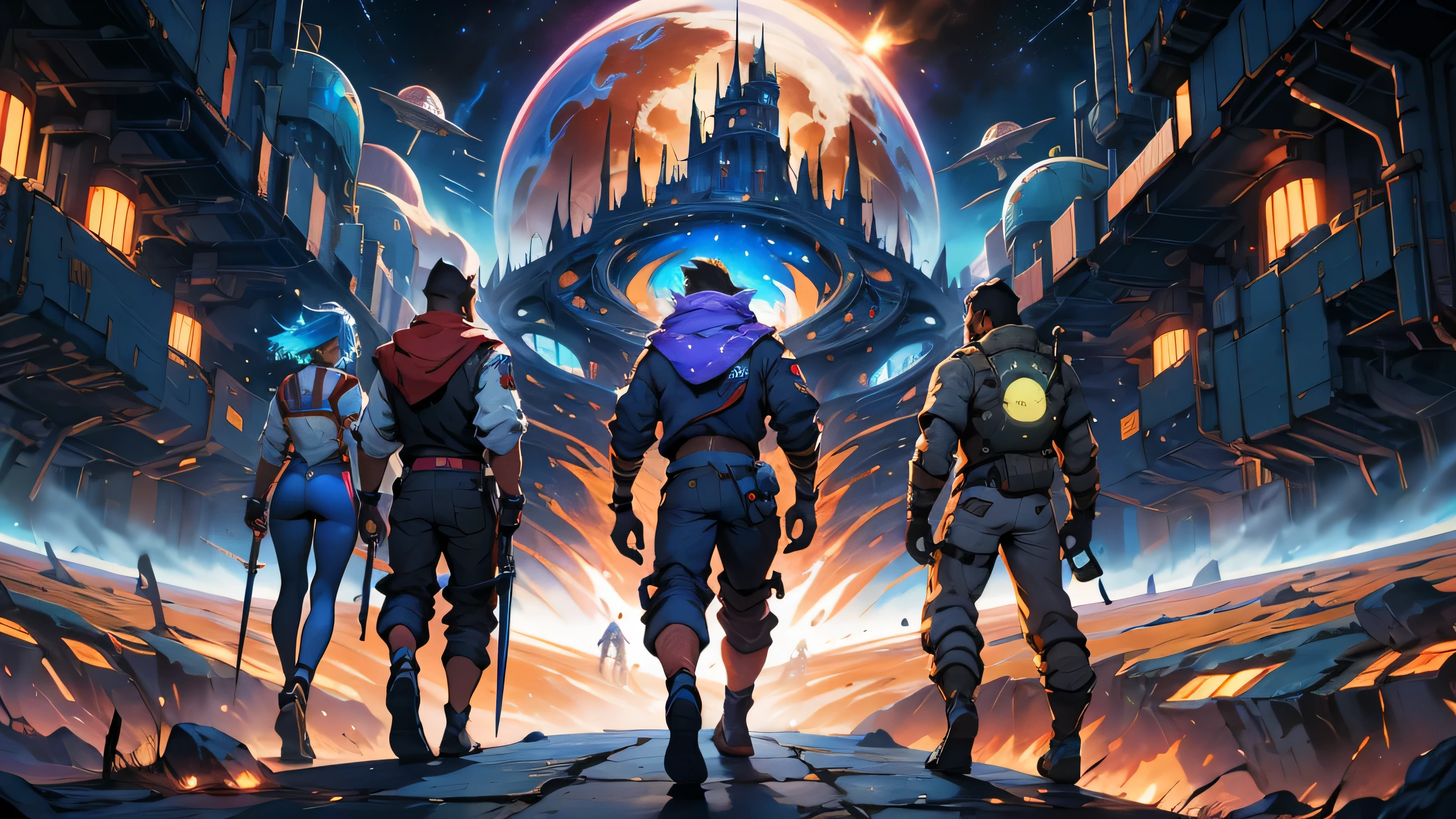 A wallpaper written "Numenera: The Knife's Edge:" with just 5 characters, 3 men and 2 women, dressed in futuristic clothes different from each other, wielding different weapons, seen from a distance and with their backs on an unknown planet looking at a dark, starry sky, with many fluorescent colors and a large space station being swallowed by a black hole, 4k, numenera, rpg