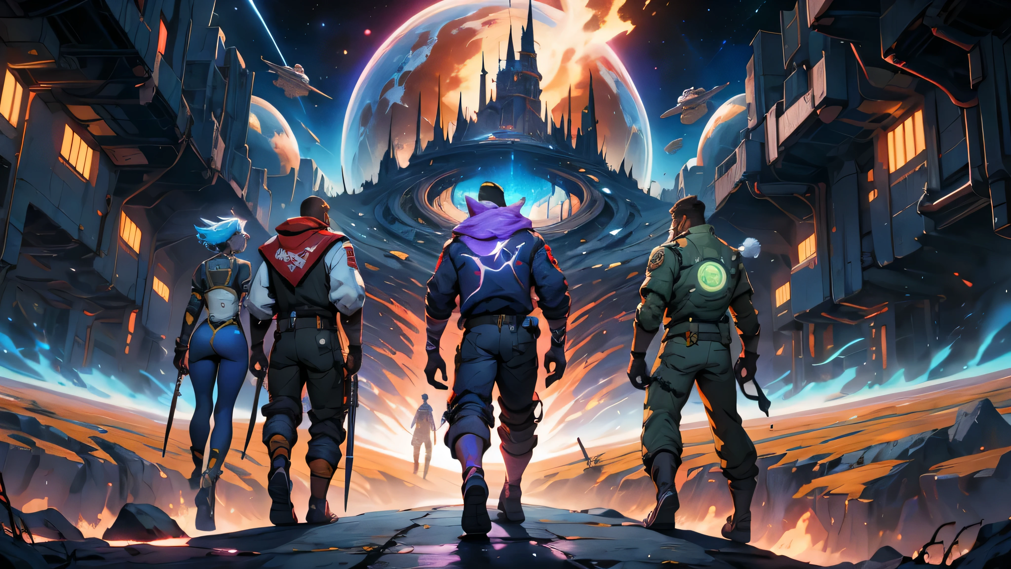 A wallpaper written "Numenera: The Knife's Edge:" with just 5 characters, 3 men and 2 women, dressed in futuristic clothes different from each other, wielding different weapons, seen from a distance and with their backs on an unknown planet looking at a dark, starry sky, with many fluorescent colors and a large space station being swallowed by a black hole, 4k, numenera, rpg