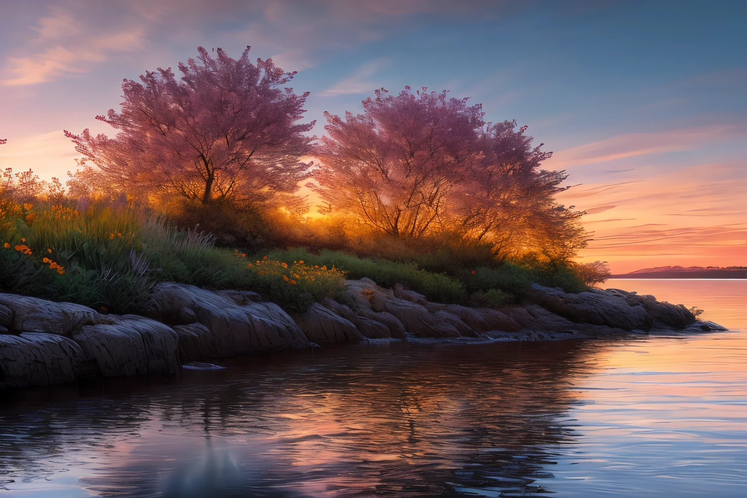 Eau,coucher du soleil,fleurs,(Highly detailed CG Unit 8k wallpaper), The most beautiful work of art in the world, Professional majestic oil painting, complexe, High detail, mise au point nette, dramatique, Art of photorealist painting,