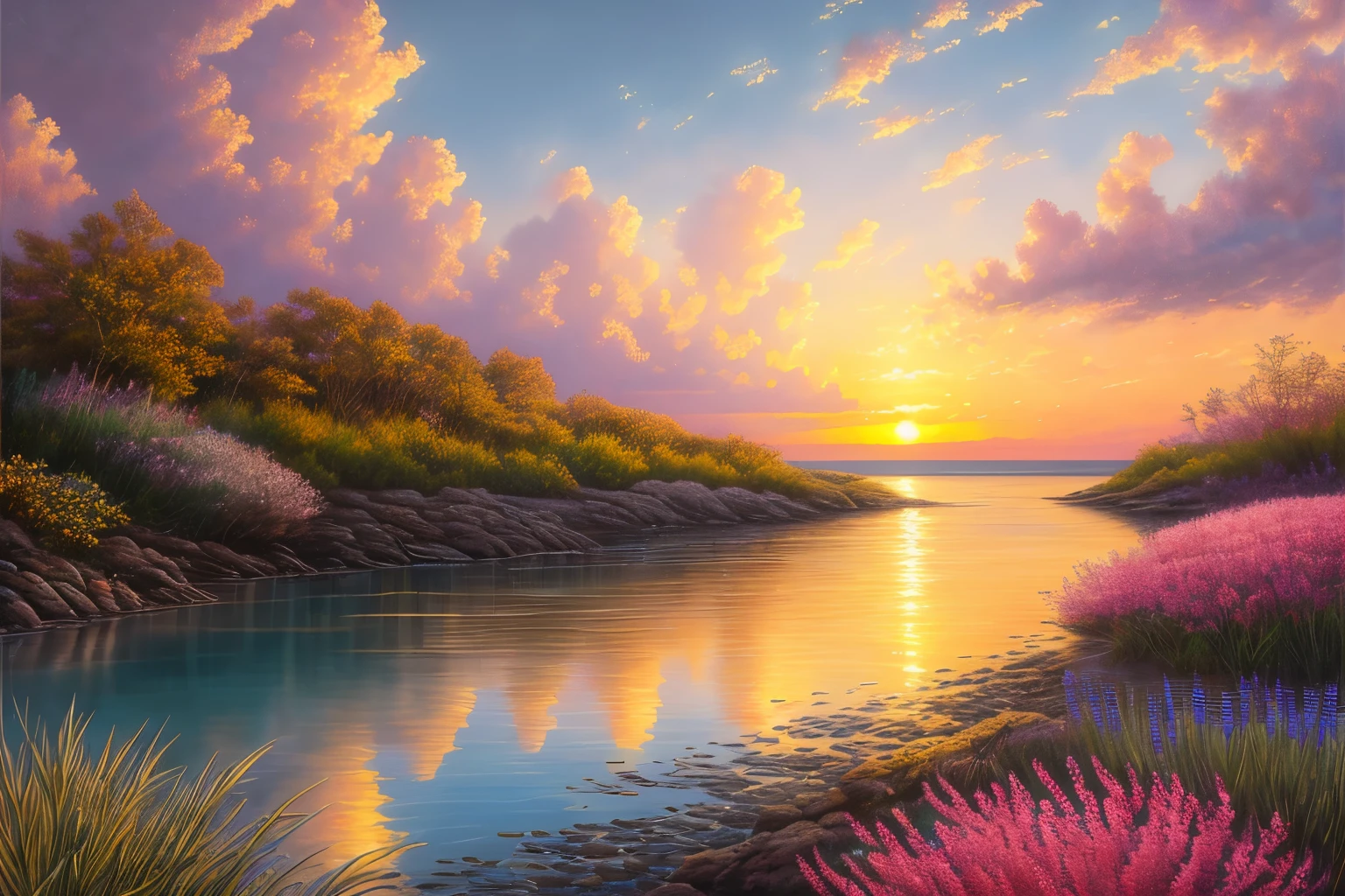 Eau,coucher du soleil,fleurs,(Highly detailed CG Unit 8k wallpaper), The most beautiful work of art in the world, Professional majestic oil painting, complexe, High detail, mise au point nette, dramatique, Art of photorealist painting,