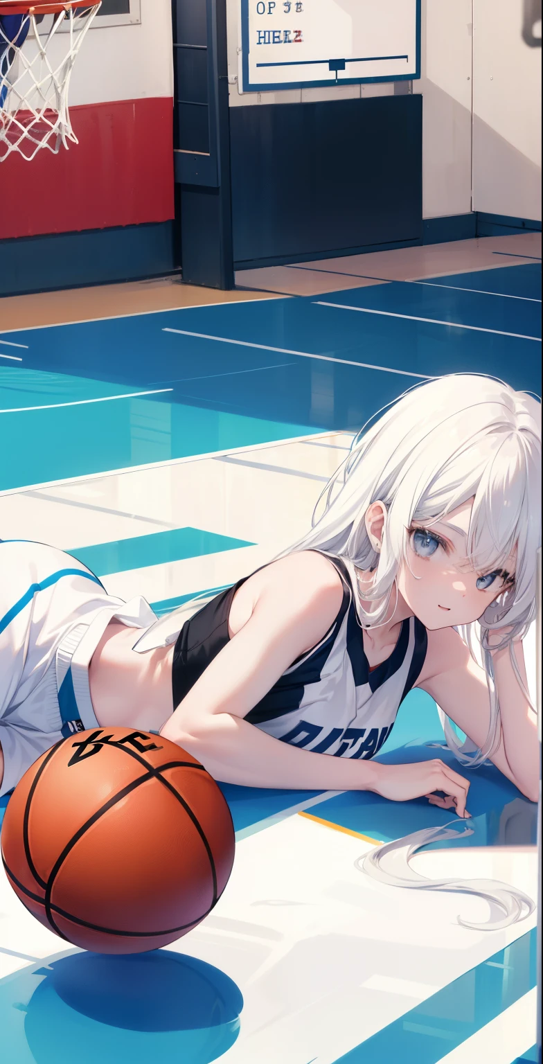 Random basketball player, white skin girl, cool shot at rim shot, happy, cute shy girl, white long hair, sexy, skinny, to lay down, tomboy, cool basketball court background, black binnie, cap