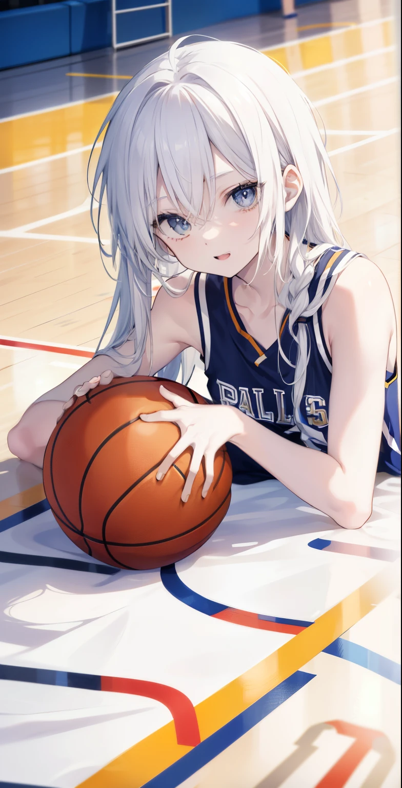 Random basketball player, white skin girl, cool shot at rim shot, happy, cute shy girl, white long hair, sexy, skinny, to lay down, tomboy, cool basketball court background, black binnie, cap