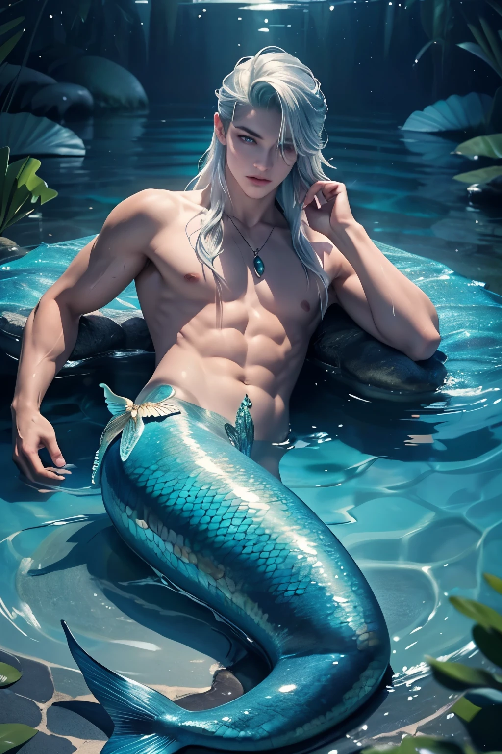 (Best quality)), ((masterpiece)), (detailed), ((perfect face)), ((halfbody)) perfect proporcions, he is a handsome merman, he is 18 years old, white skin, he has long blue hair, he has a mermaid tail, merman ears, he has silver locks, he has jewels on his forehead, he has a lot of jewelry on his neck, he has a bare chest, he is in the water, he has merman ears, he is in a luminous lake, it is night, there are fireflies flying around him ((perfect face)) fullbody+, ((mermaid)) ((merman)) He has a silver mermaid tail, perfect face