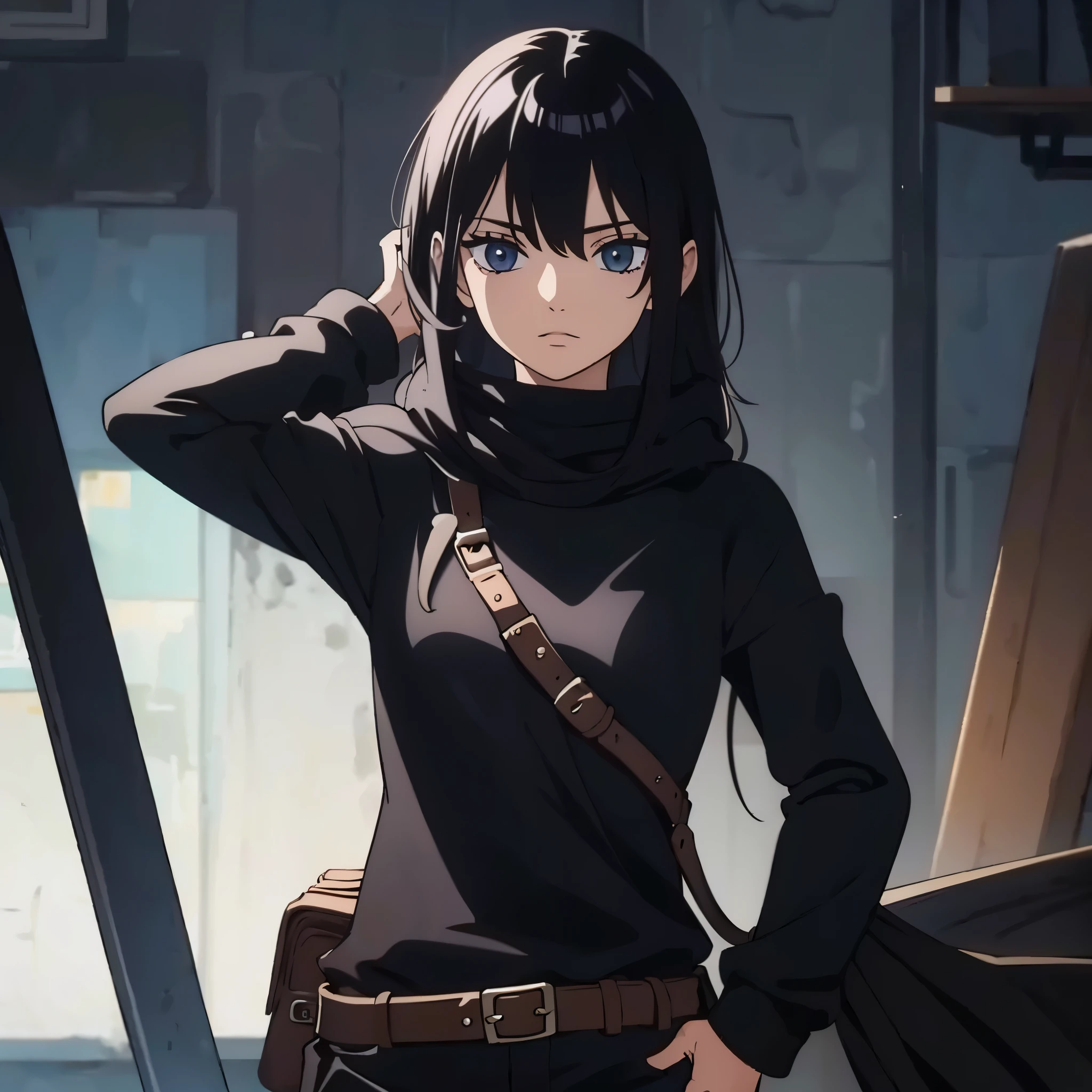 A rogue, Wearing clothes that cover the entire body, in black, Hair color black