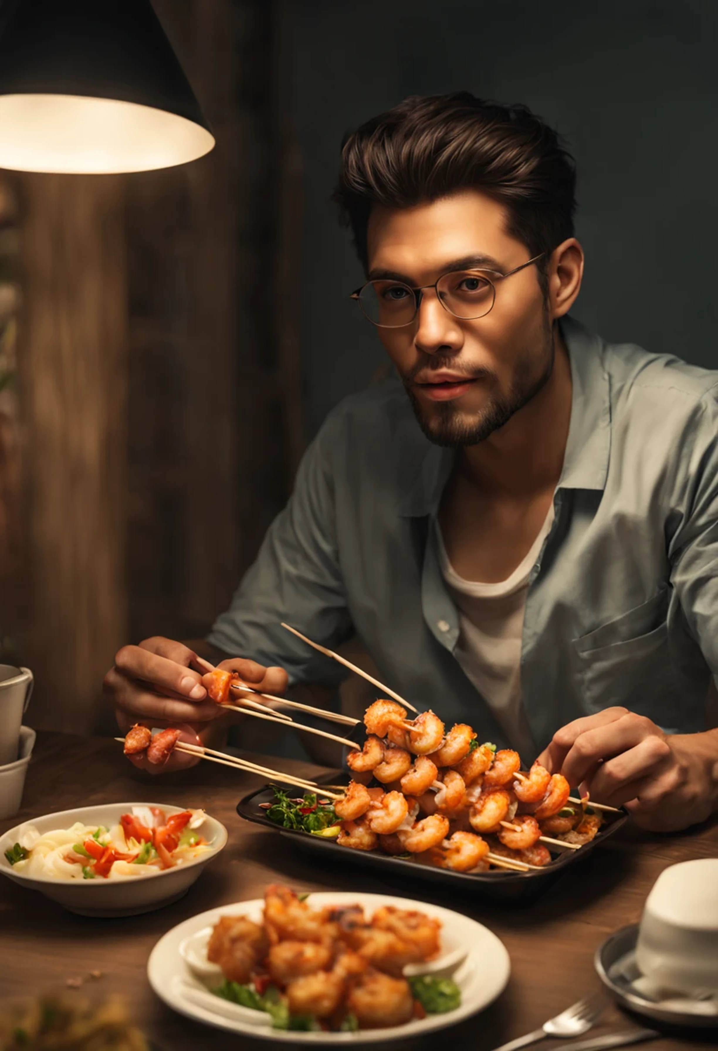 AN ULTRA REALISTIC MAN SITTING IN A DINING ROOM WITH INDIRECT LIGHT EATING 3 VERY TASTY FRIED SHRIMP SKEWERS IN A PORTION BOX,