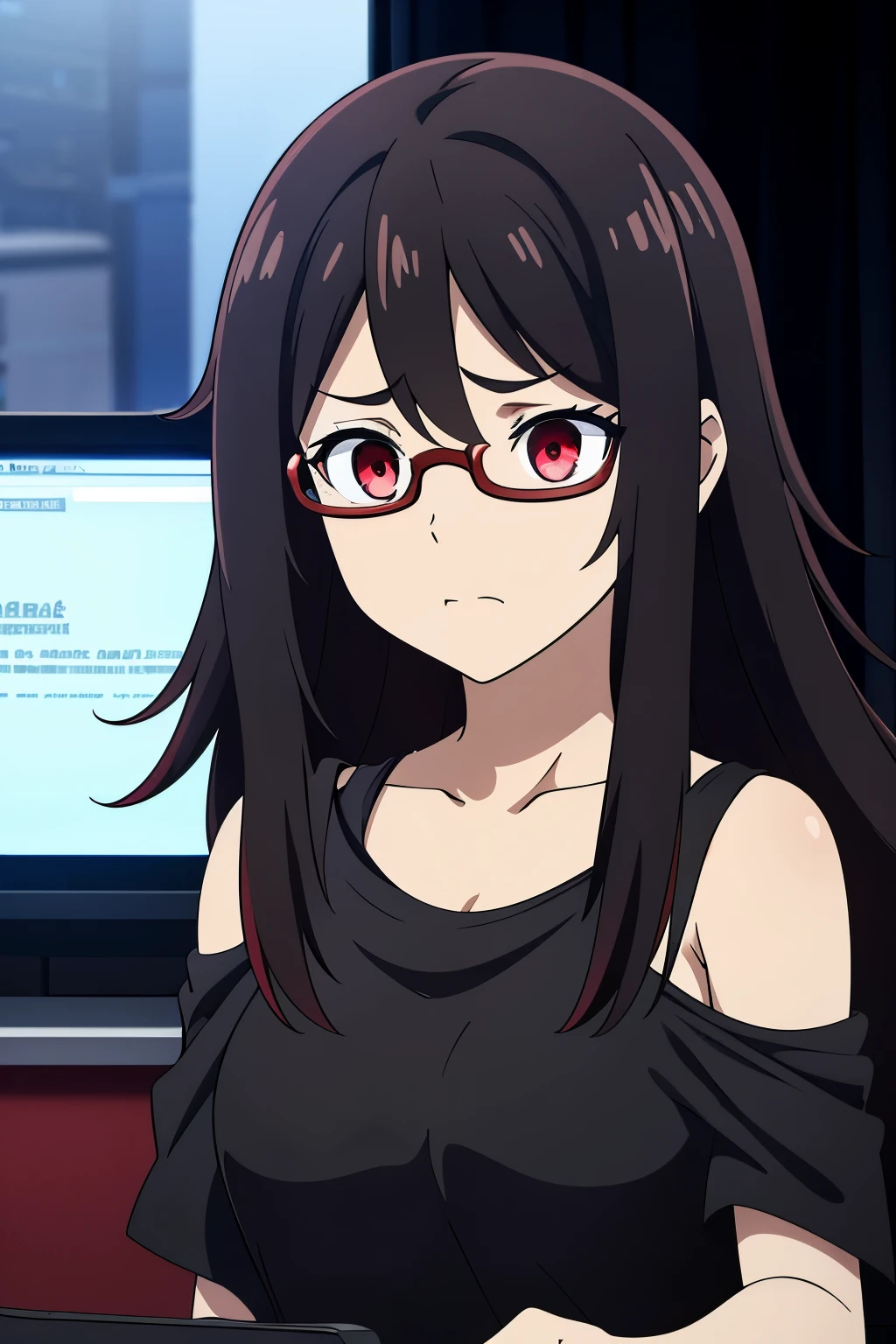 volumetric lighting, low ambient lighting, high resolution, masterpiece, 8k, (dark red eyes with dark circles), tired, melancholic, depressed, sad, detailed black hair, (messy hair), long greasy hair, disheveled, unwashed, bushy eyebrows, torn camisole, (with glasses), dark, dirty and messy bedroom, laptop, multiple tangled black electrical cables, LED lights, warning lights, (night)