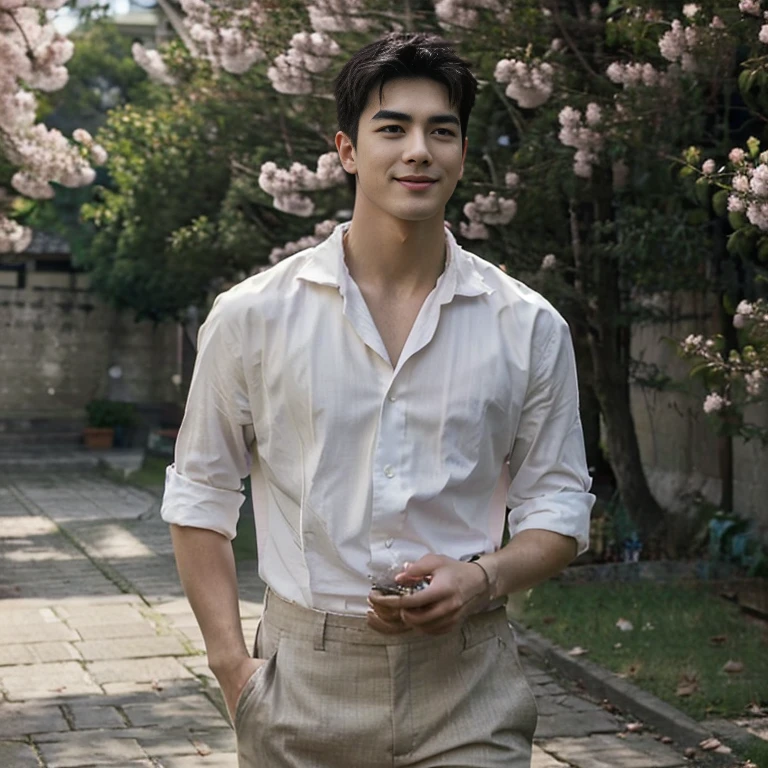 (RAW photo, Best quality), (Realistic man, photo-realistic:1.3), tmasterpiece, 18 years old Asian man，student school uniform，with short black hair，white short sleeve shirt，Linen suit shorts，Large bulge at the crotch，Big round ass，Facial hair，standing on your feet，Very masculine and masculine, The is very detailed, CG, Unity , 2k wallpaper, Amazing, finedetail, Extremely detailed CG Grand Unity 8K wallpaper, hugefilesize , ultra - detailed, A high resolution, absurderes, the soft light, Pietro Boselli people, White skin of the, Detailed fingers, extremely detailed eyes ancface, detailed nose, A detailed eye, looking at viewert,Super short hair，photorealiscic face，Realistic figure，Handsome pose，Light smile，Be red in the face，exhilarated，Lush cherry blossom trees in the background，Depth of field blur，The background is blurred with a large aperture
