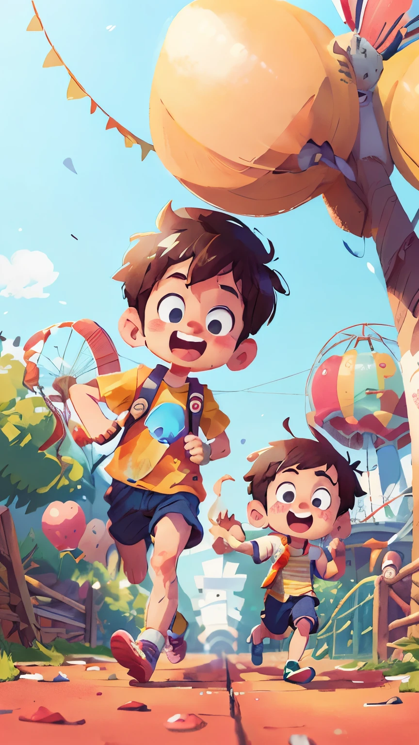 (SFW), two running boys, amusement park, holding balloons, happy, happy, perfect quality, clear focus, colorful, perfect face, intricate details, ultra-low viewing angle, wide angle lens --v 6