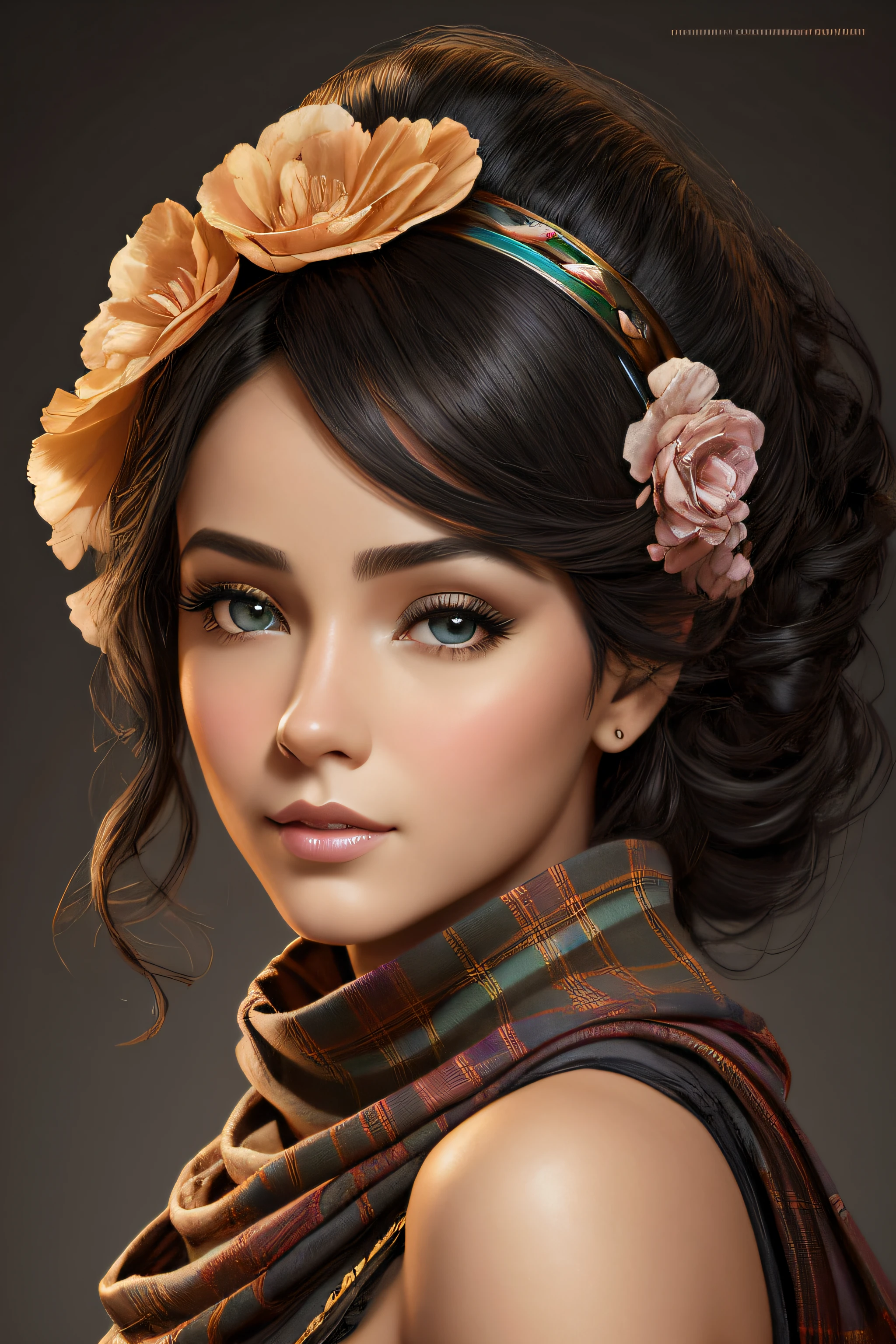 Cuerpo de retrato altamente detallado joven hermosa mujer negra colombiana, tartan scarf, degradado grey/negro/brown/naranja, grunge aesthetic, por atey ghailan Sakimichan, Jeremy Mann, Louis Icart, Makoto Kobayashi. Antecedentes de la ciudad, Arte digital chica maravillosa, fantastic face, Mujer negra colombiana hermoso look, cabello detallado, Ultra Enfoque, Cara iluminada, Cara detallada, 8K resolution, pintado, cepillo seco, Pinceladas, Estilo Razumov y estilo Garmash, Cuento de hadas. Rolf Armstrong, Ray Caesar, Fragonard. surrealismo, Hiperrealismo. Cara detallada, Cara perfecta, Ojos claros perfectos, Labios perfectos. Stunningly Detailed. ojos azules, tartan scarf, Gradiente