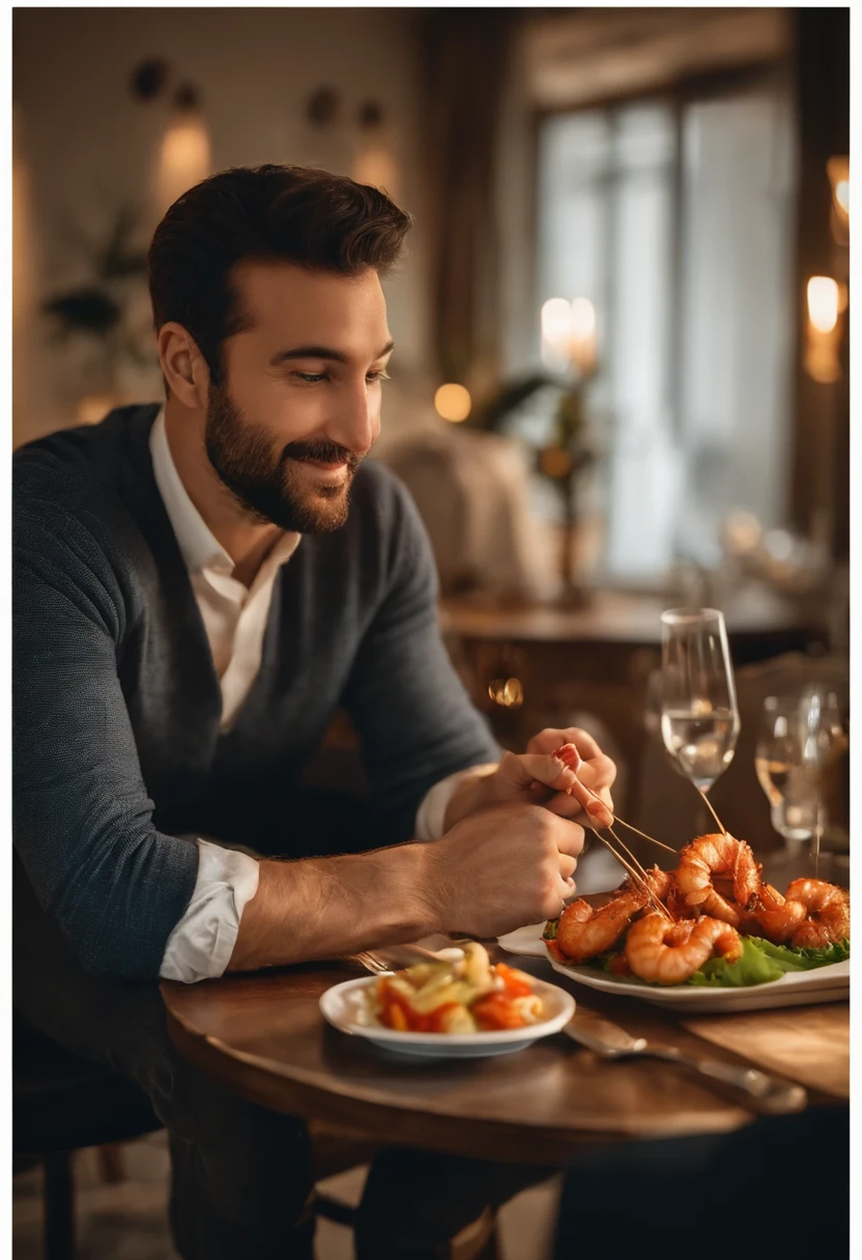 (melhor qualidade, high resolution), um homem sentado em uma sala de jantar com luz indireta, desfrutando (3 muito gostoso, saboroso) fried shrimp skewers in a portion box. 

Detalhes adicionais: The dining room is elegantly decorated with a long wooden dining table, adornado com uma toalha de mesa branca e talheres polidos. The room is full of heat, luz ambiente vinda de uma grande janela. The man is dressed in casual attire, comfortably seated in a plush cushioned chair. The aroma of succulent fried shrimp wafts through the air, seduzindo os sentidos. The portion box is beautifully presented, with the skewers arranged neatly on a bed of fresh water, alface vibrante. Each shrimp skewer is perfectly grilled until golden brown, radiating delight. The man's expression reflects pure satisfaction as he indulges in each saboroso bite.

Artistic style: Paleta de cores de realismo: Tons quentes e convidativos, com toques de tons dourados e azuis sutis e frios.

Lighting: Macio, a luz difusa cria uma luz suave, ambiente aconchegante na sala de jantar, highlighting the delicious details of the fried shrimp skewers.

Lembrar, This is just a starting point, and you can add more creative and relevant details to further enhance the prompt.