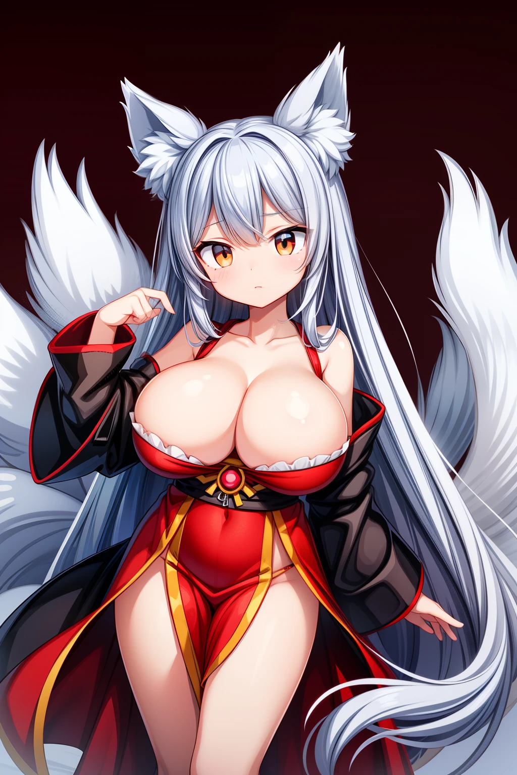 (kitsune ear girl), (huge breasts:1.2),  (very long hair), (torn clothes miko:1.2)