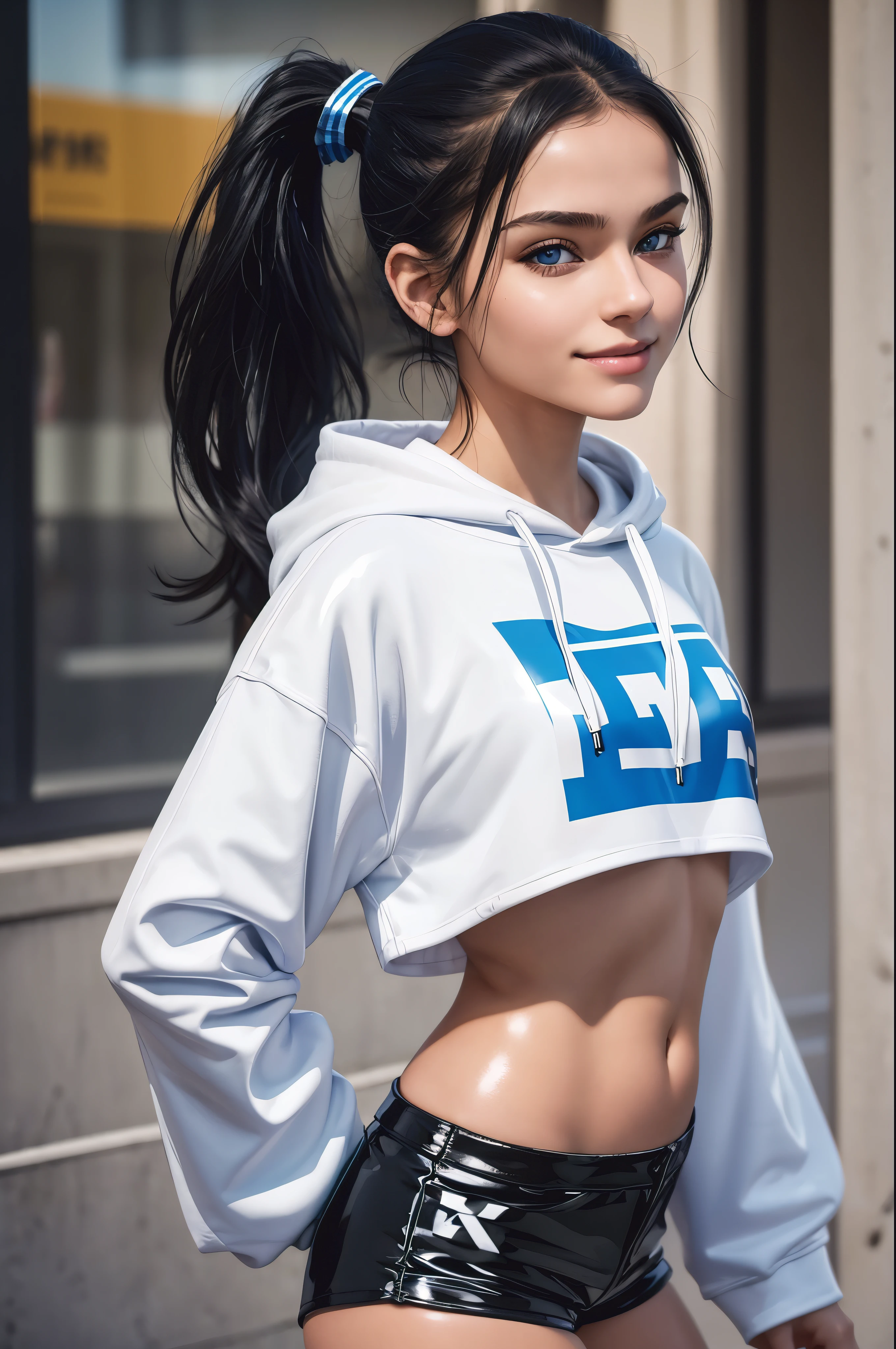 18 year old girl, black hair, blue eyes, (white latex short shorts), ponytail, realistic, (photorealistic: 1.4), smirk, crop top hoodie, looking back at the viewer
