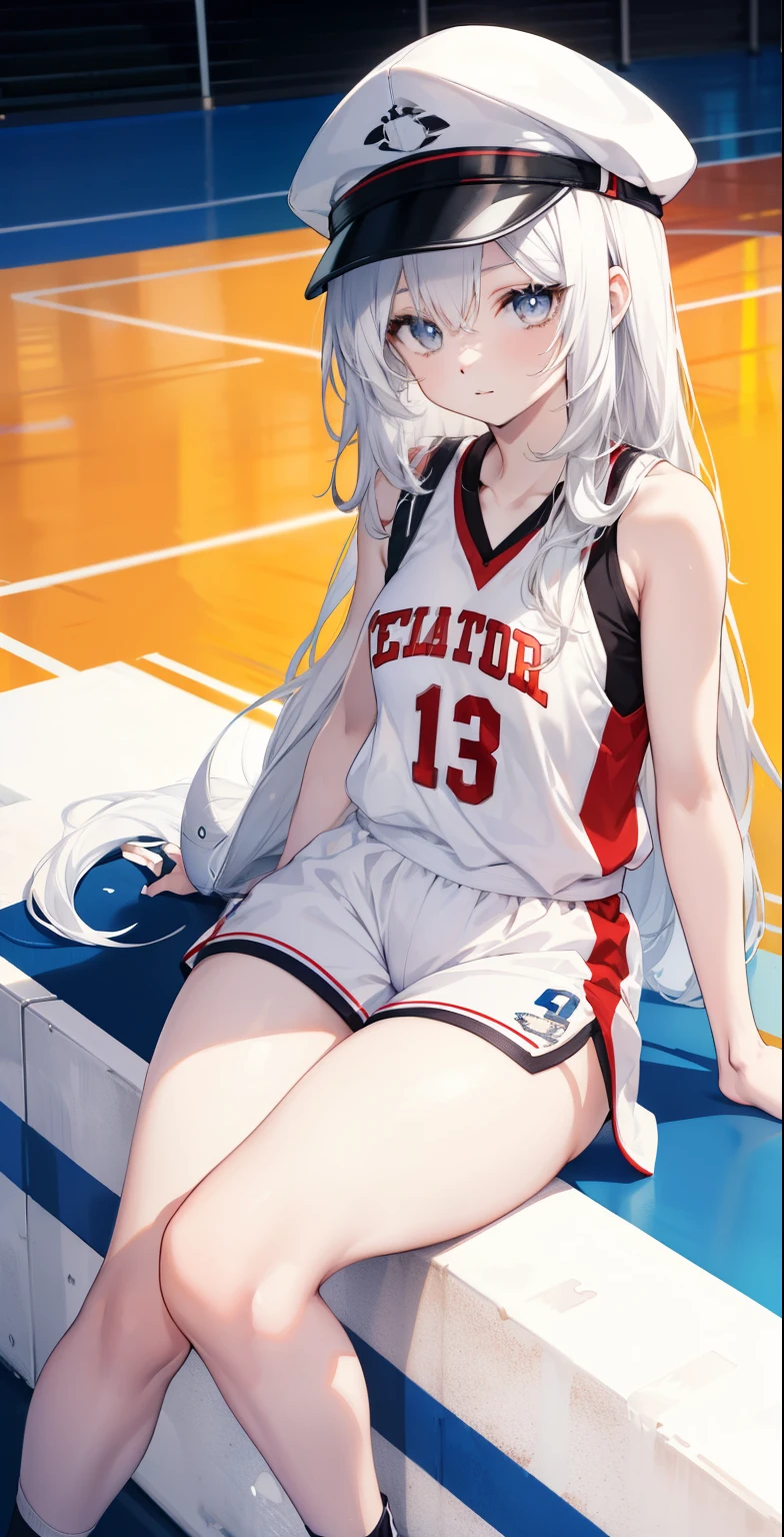 basketball outfit, white skin girl, happy, cute shy girl, white long hair, medium , sexy, slim, thick legs, thick thighs, laying down, tomboy, cool basketball court background, black binnie, standing, cap