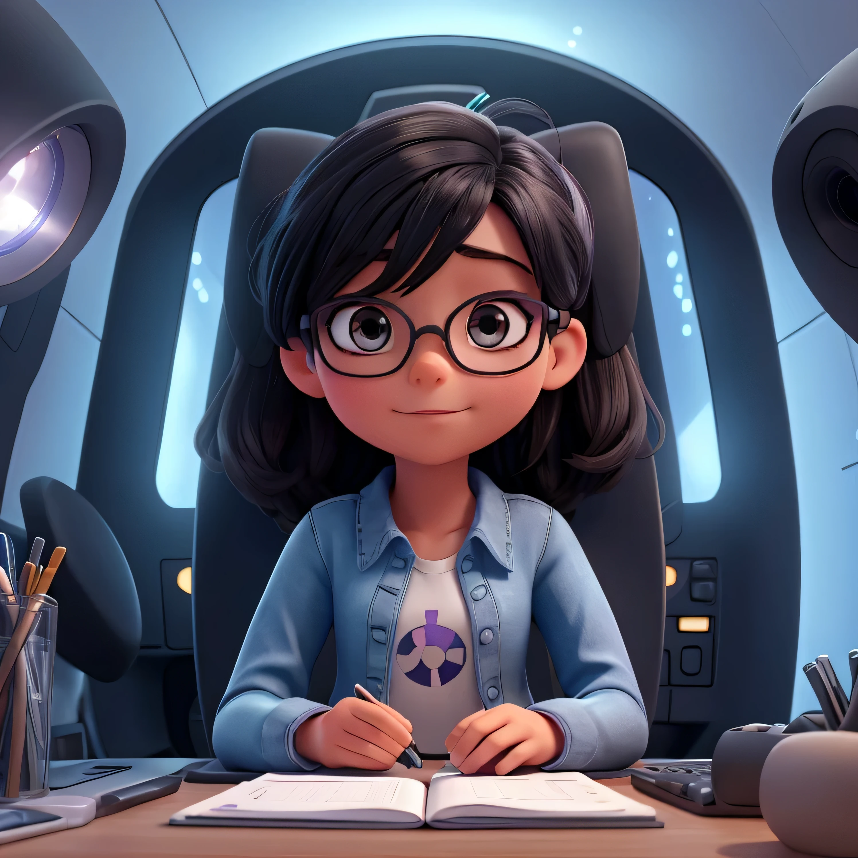One smiles realistically, but a tired-looking 3D cartoon CGI prodigy, with huge glasses, looks directly into the camera, Sitting in the center of the room at a desk in the interior of a 70s galactic spacecraft, Around The Artist's Dirty Bedroom, Things are scattered. neon lighting