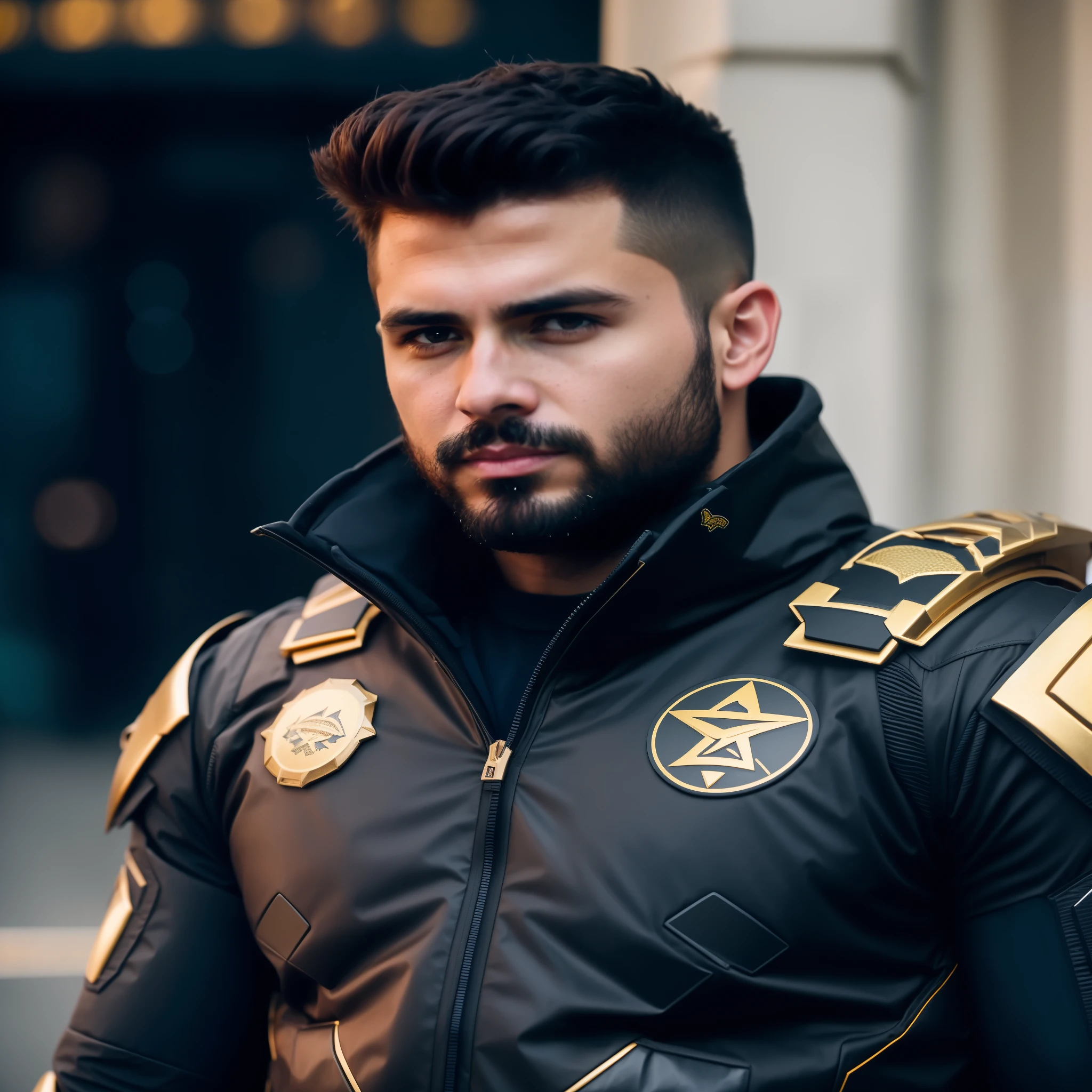 Araffe con una chaqueta de cuero negra con detalles dorados y barba., hombre atractivo con armadura, mirada heroica, Atractivo macho fornido con armadura., vistiendo chaqueta cyberpunk 2 0 7 7, dressed in sci-fi military armor, armadura negra y dorada, as supervisory character, sci-fi golden armor, boys tv show superhero, Cyberpunk hero