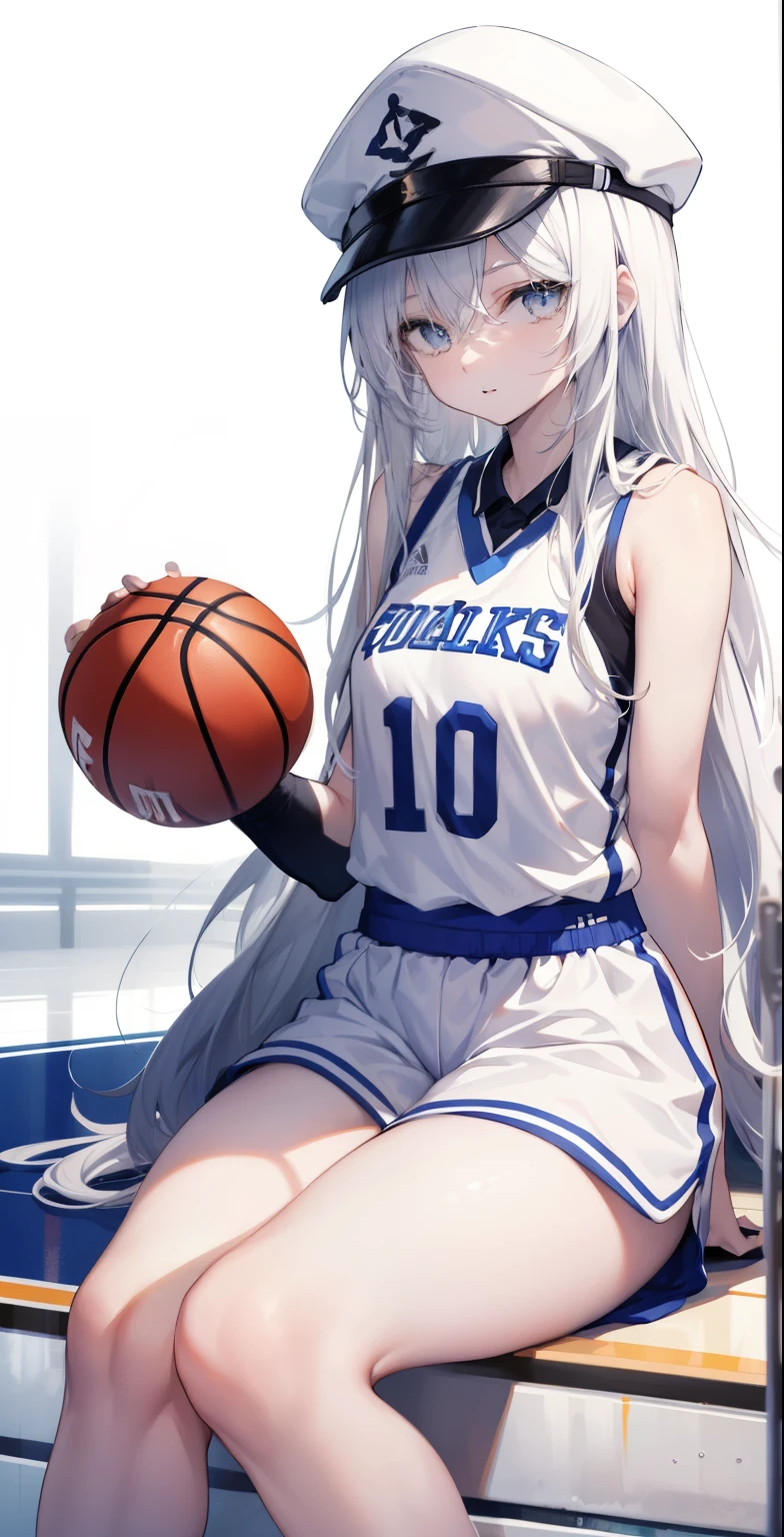 Basketball player, white skin girl, happy, beautiful shy girl, white long hair, medium , sexy, slim, thick legs, thick thighs, laying down, tomboy, cool basketball court background, black binnie, standing, cap