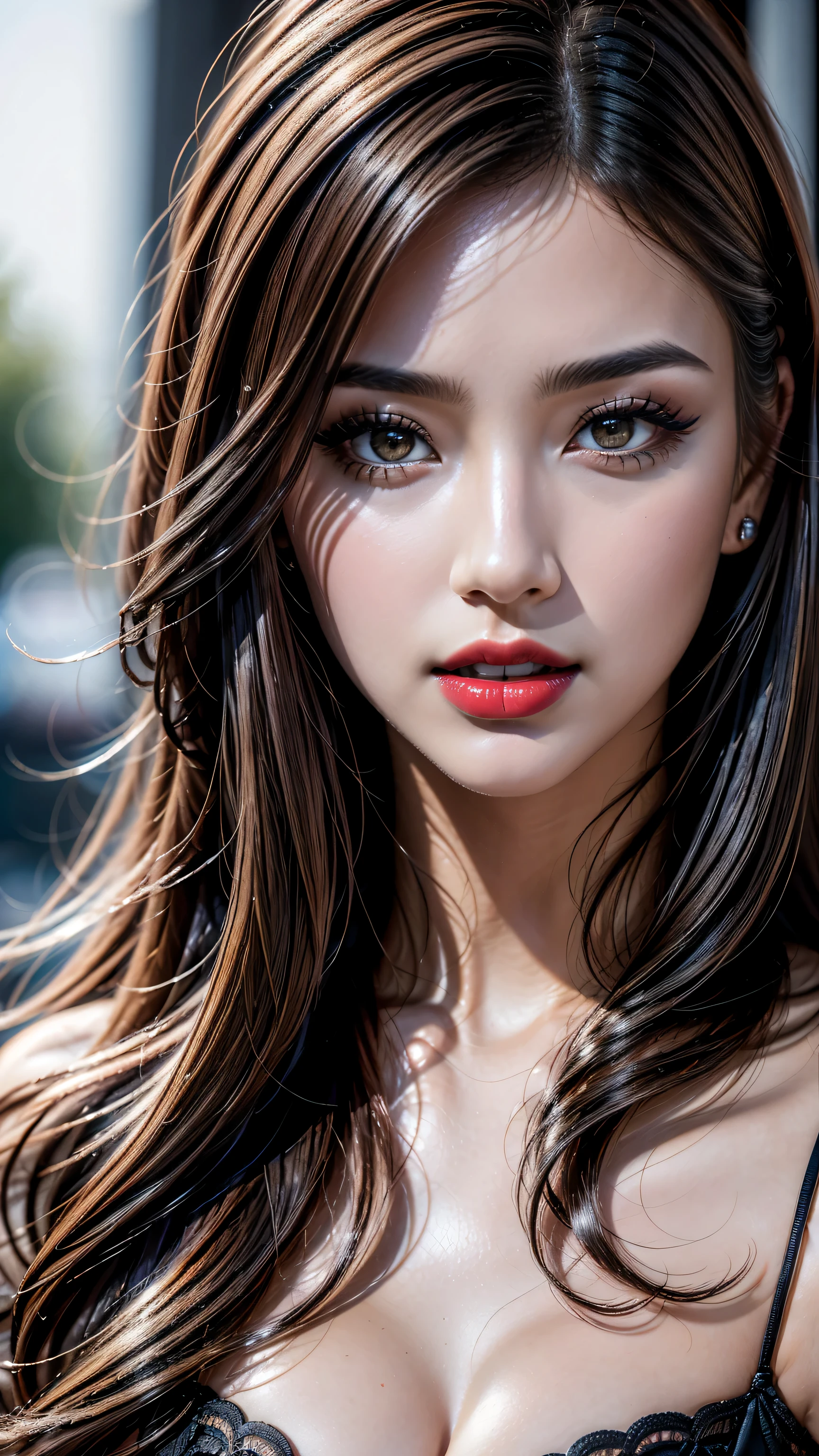 ((close up of face)))、(ultra-detailed)、Ultra-realistic movie master pie with ultra-detailed primetime portraits, 最high quality, 8K, table top, Ultra HD, 1 girl 22 years old、fashion supermodel, blonde curly hair、最high quality, high quality, High resolution、fashion supermodel、(dressed in a very complicated Extravagant street outfit),  real:1.7、photorealistic:1.7、very delicate and beautiful、((masterpiece:1.3)), ((absurdres))、((sharp fous))、(beautiful face:1.45)、(detailed face:1.4)、(detailed eyes:1.35)、(detailed lips:1.2)、(Detailed nose:1.2)、(Glamour, paparazzi taking pictures of her)、(light dark short hair、extremely detailed)、 (red_eyeshadows:1.45)、 (red_lipstick:1.32)、((perfect round eyes))、 (black_eyes:1.4)、 purple_makeup:1.23、