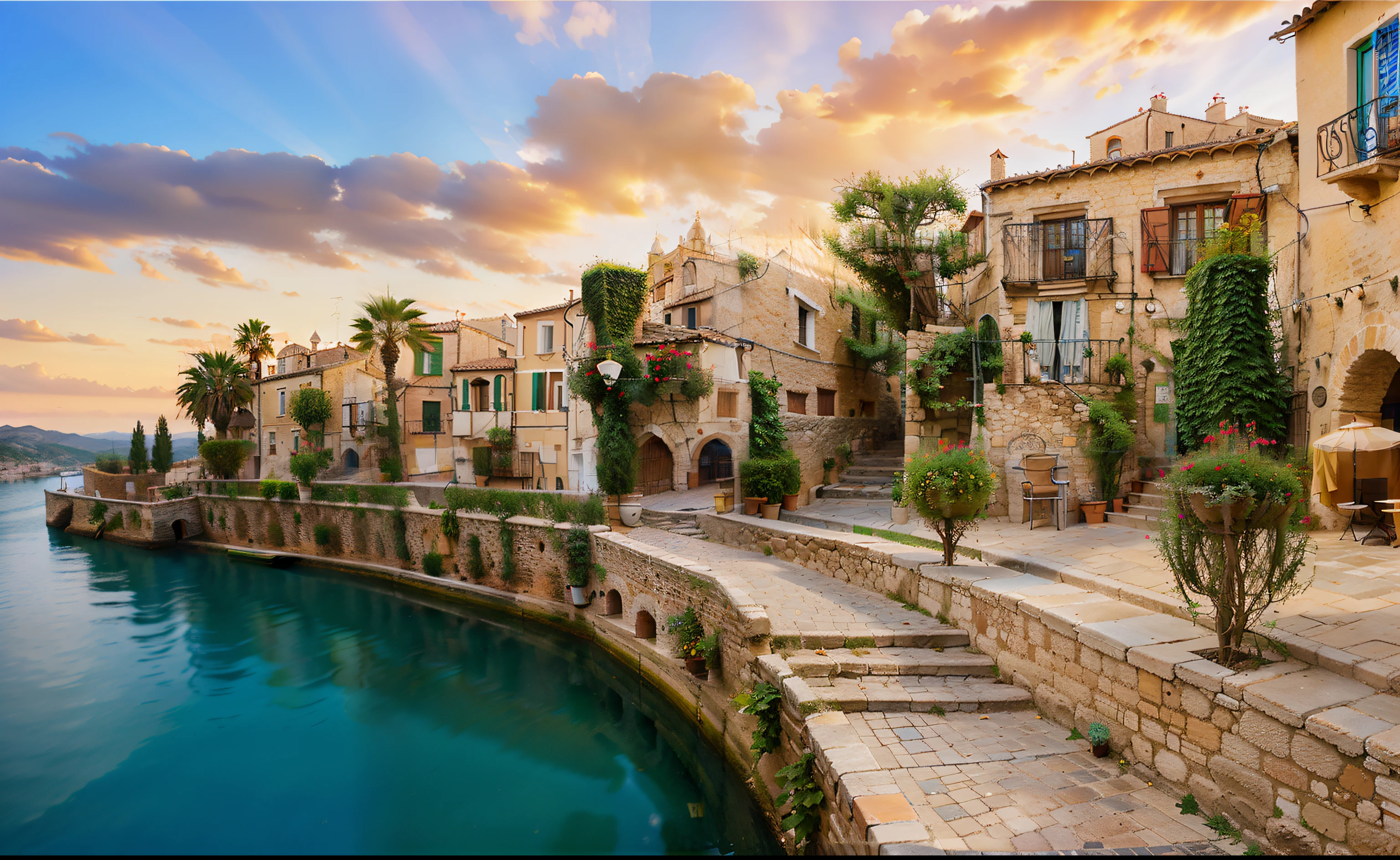 there is a narrow alley with tables and chairs in the middle, italian mediterranean city, bizzaro, narrow and winding cozy streets, mediterranean architecture, baroque winding cobbled streets, shutterstock, narrow street, spanish ghibli alleyway, spanish alleyway, narrow streets, italy, old town, ancient mediterranean village, quaint village, beautiful image, mediterranean city
