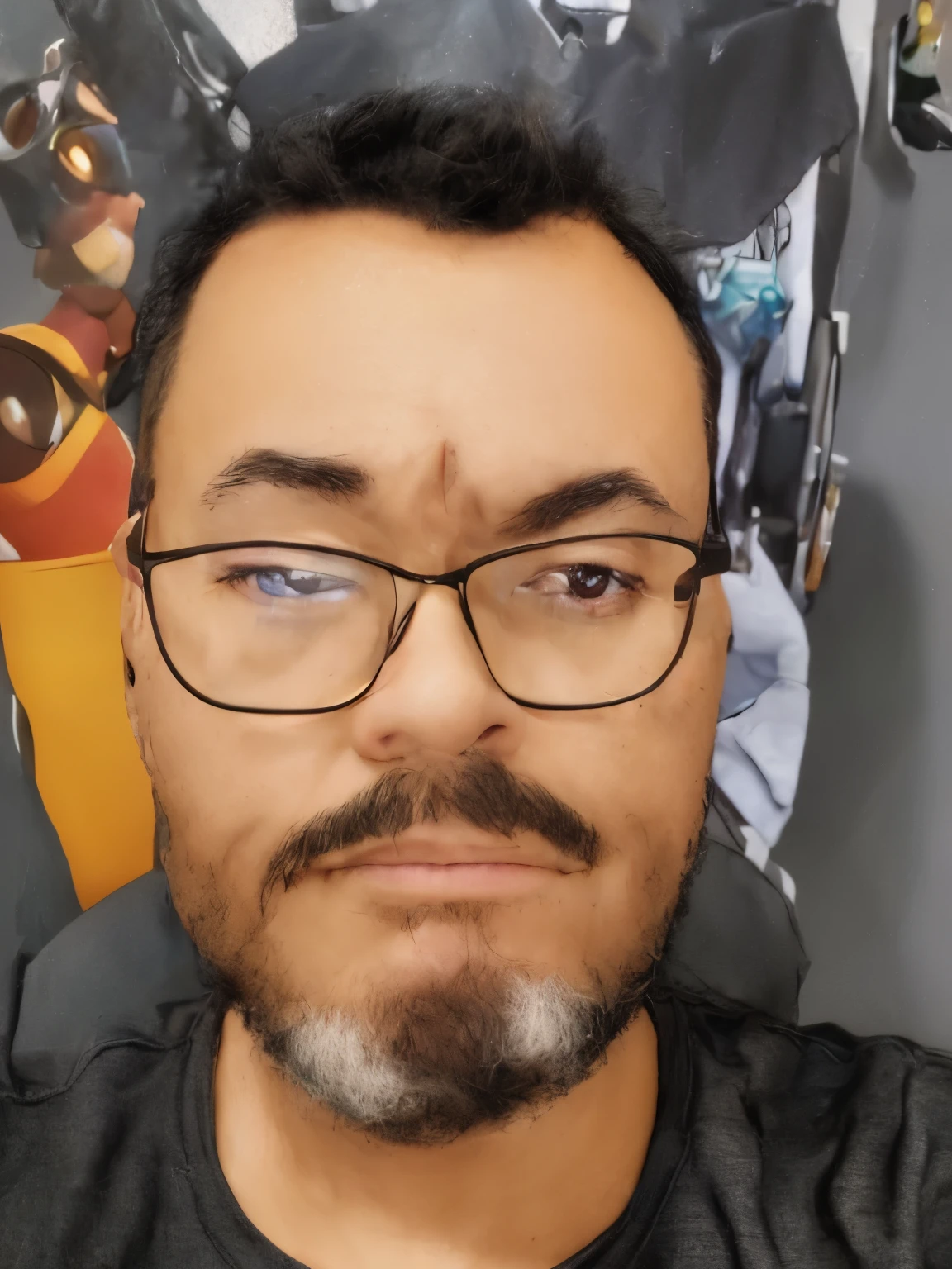 A close-up of a cartoon character with glasses and a black beard, Pixar retrato 8 k foto, close - retrato facial de cima, retrato Pixar, Como um personagem da Pixar, cabelo preto, bigode preto, Personagem ideal da Pixar, folha anato finn. Pixar, personagem Pixar, Representado como um personagem da Pixar, Pixar Arte 3D, design de personagens Pixar, design de personagem bonito Pixar, pixar renderman render