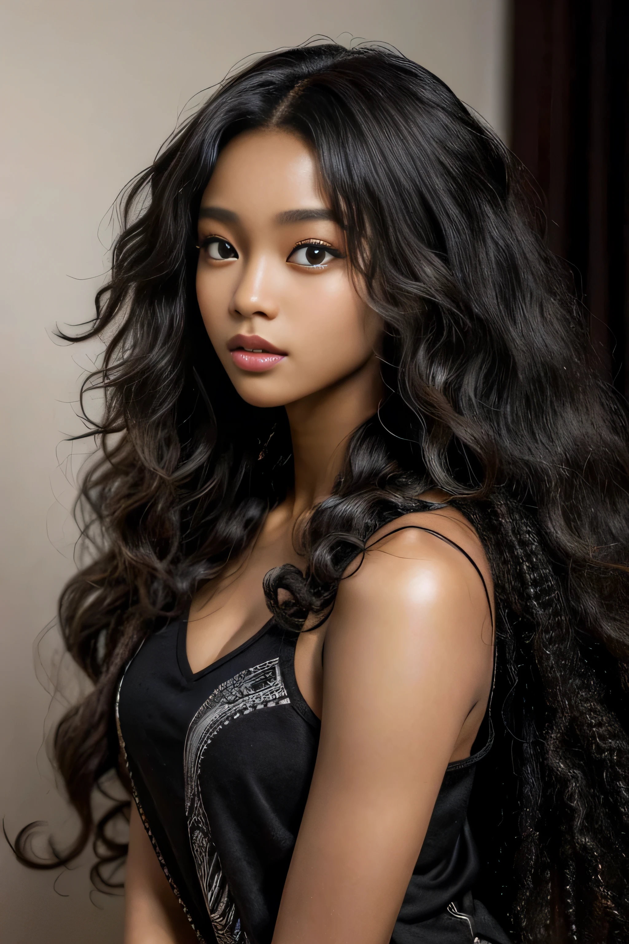 masterpiece, best quality, beautiful black and Asian mixed 19 year old, ebony skin female, long, frizzy, curly dark hair, perfect face, half body, long hair