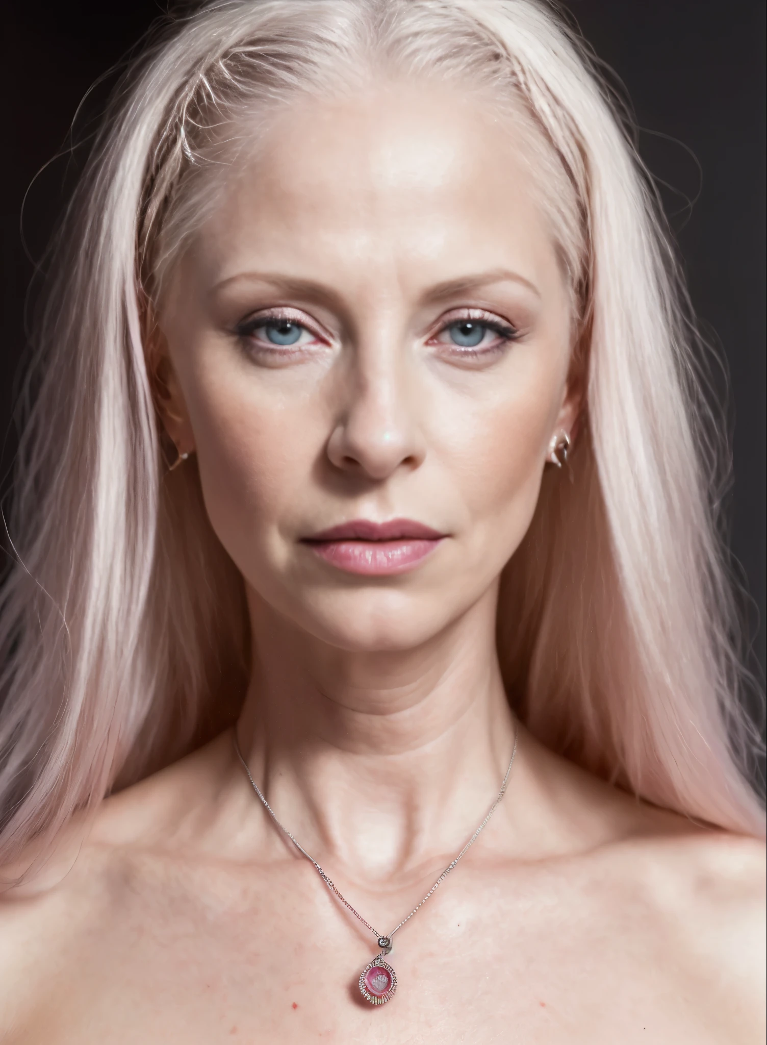 (Punto de vista hardcore de Thin Woman, (fotorrealista:1), (hyperrealism photography:1), (textura:1), (Altamente detallado:1) ,cara linda, Trenzas, cabello blanco, ojos rojos brillantes, Ultra gran angular, F1.4, sexo, POV misionero, 58 year old albino woman