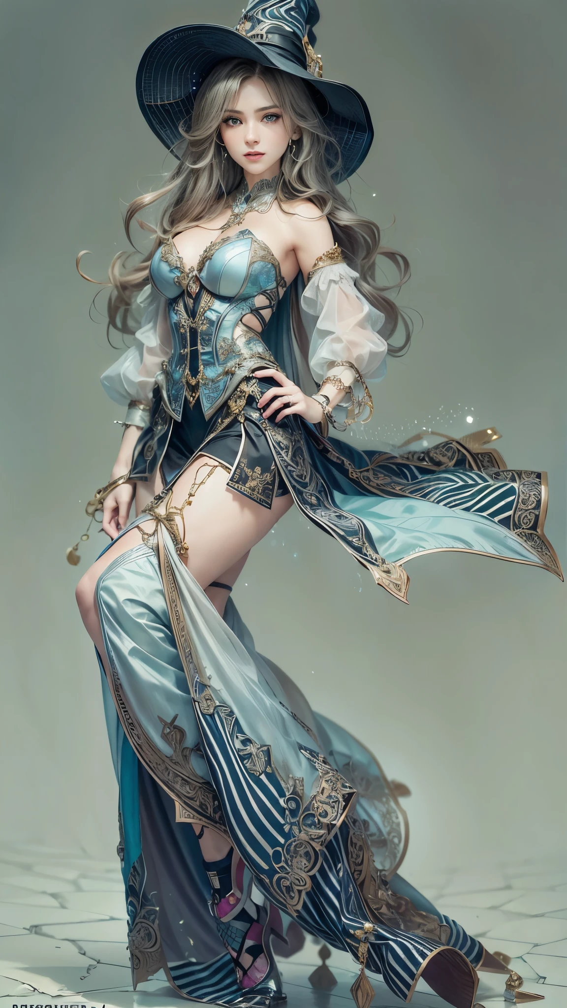 (RAW shooting:1.5, Photoreal:1.5, 8k, highest quality, masterpiece, ultra high resolution), magical world, perfect dynamic composition, Mysterious:1.3, Highly detailed skin and facial textures:1.3, Cute and sexy slim female wizard, beautiful and aesthetic, cute and sexy beauty, perfect style, wear elaborate rings, pose to cast a spell:1.3, fire, water, Wind, thunder, ice, Fair skin, very beautiful face, (Medium chest, Chest gap), (embarrassing smile, The expression on your face when you feel intense caress, Facial expression when feeling pleasure), (How to properly wear a sexy wizard costume off your shoulders), (beautiful blue eyes, Eyes that feel beautiful eros:0.8), (Too erotic:0.9, Bewitching:0.9), full body shot