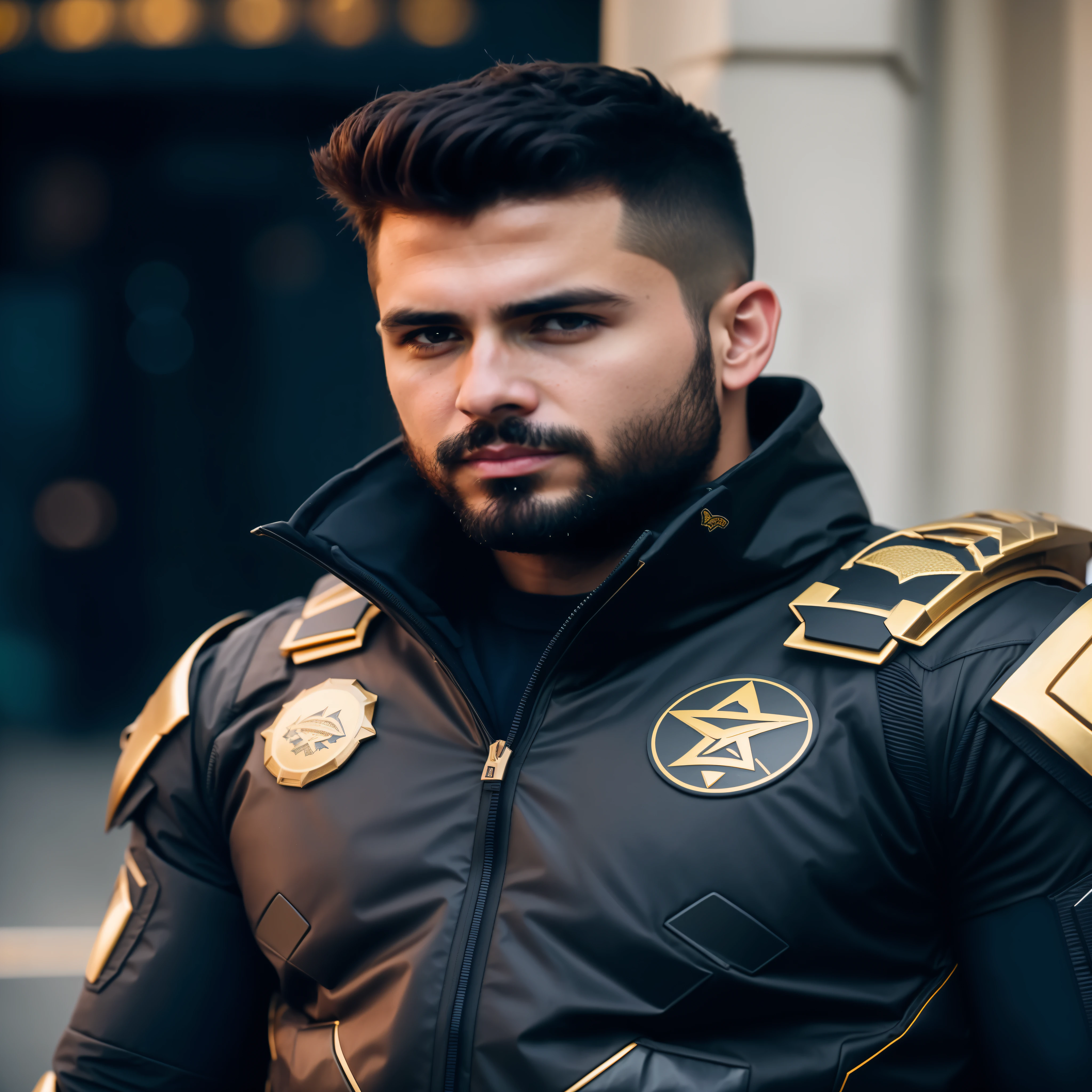 Araffe con una chaqueta de cuero negra con detalles dorados y barba., hombre atractivo con armadura, mirada heroica, Atractivo macho fornido con armadura., vistiendo chaqueta cyberpunk 2 0 7 7, dressed in sci-fi military armor, armadura negra y dorada, como personaje supervisor, sci-fi golden armor, kids tv show superhero, Cyberpunk hero