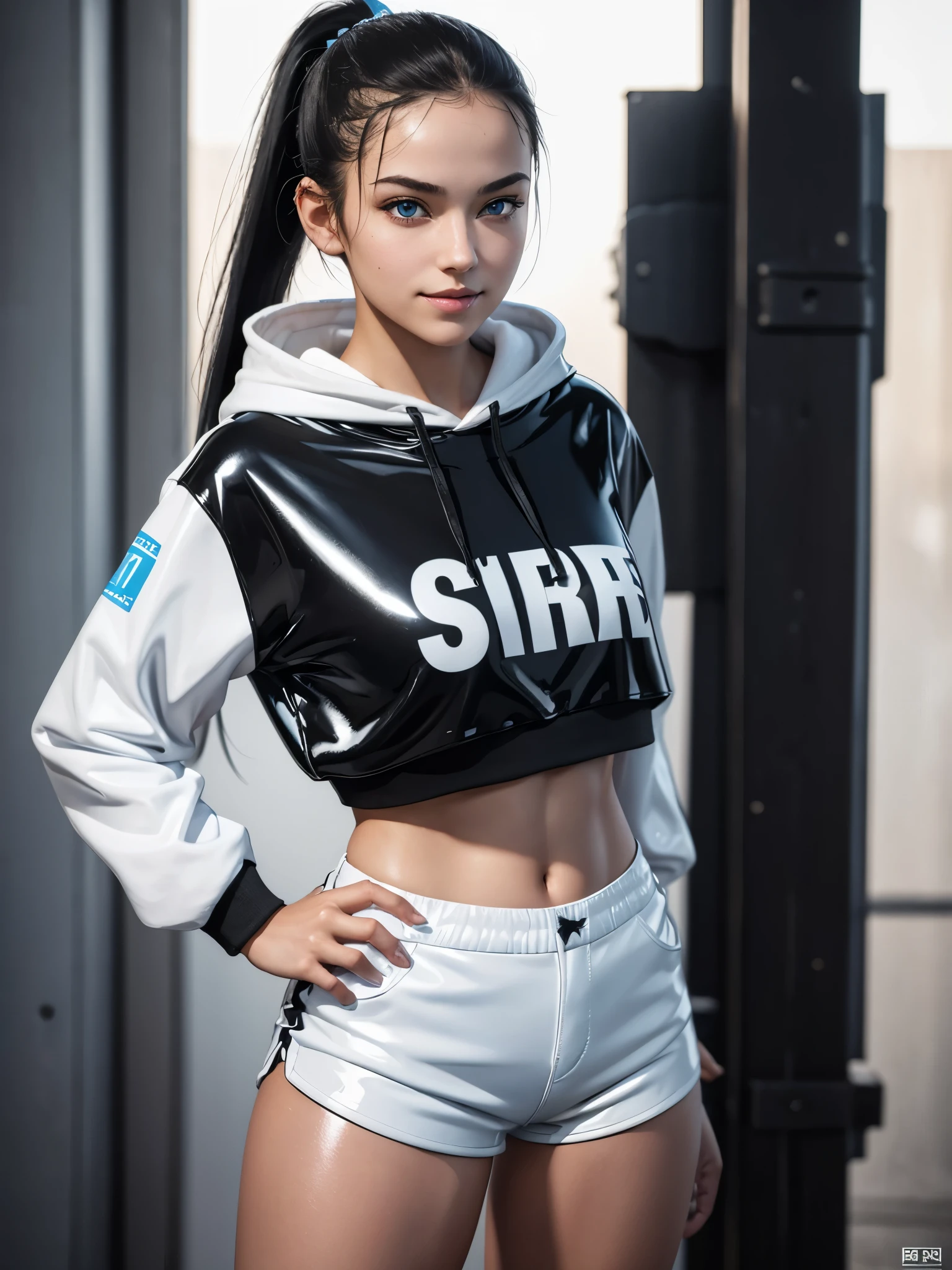 18 year old girl, black hair, blue eyes, (white latex short shorts), ponytail, realistic, (photorealistic: 1.4), smirk, crop top hoodie