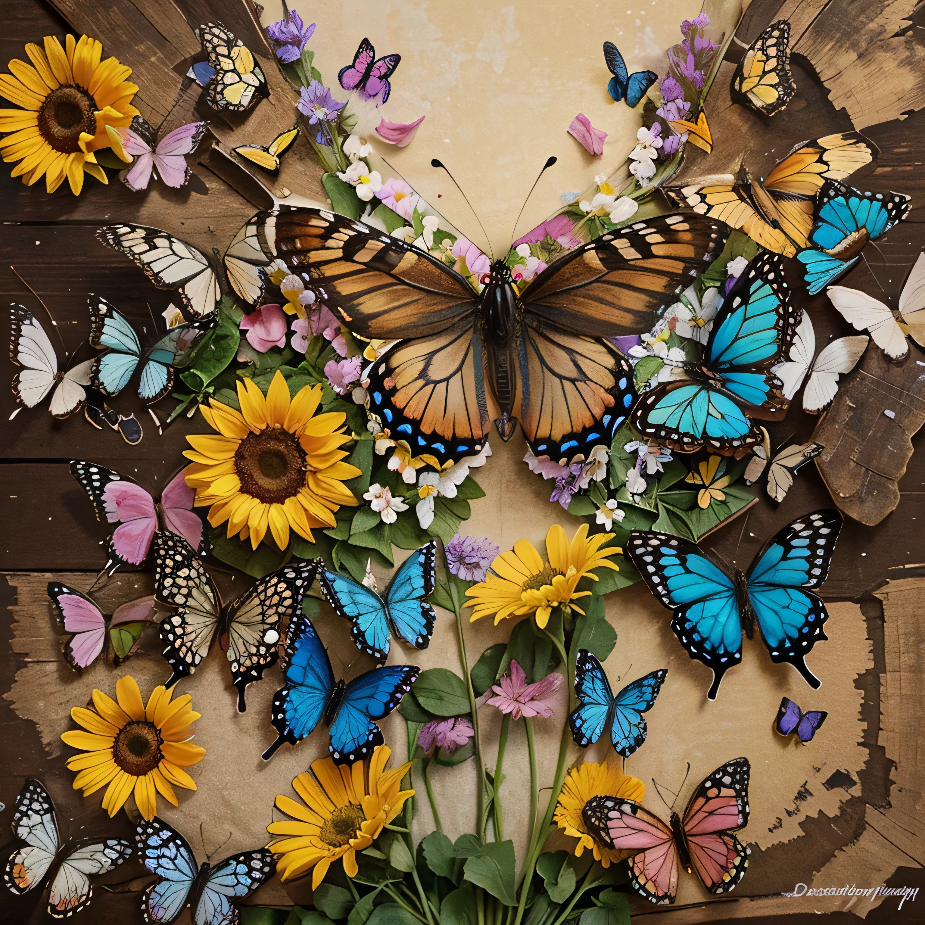 best quality, Meisterwerk, Blumen und Schmetterlinge: A colorful image with blooming flowers and butterflies, die durch die Luft schweben. These delicate and beautiful elements could represent the idea of transience and transformation, und gleichzeitig eine lebendige und positive Stimmung vermitteln.
