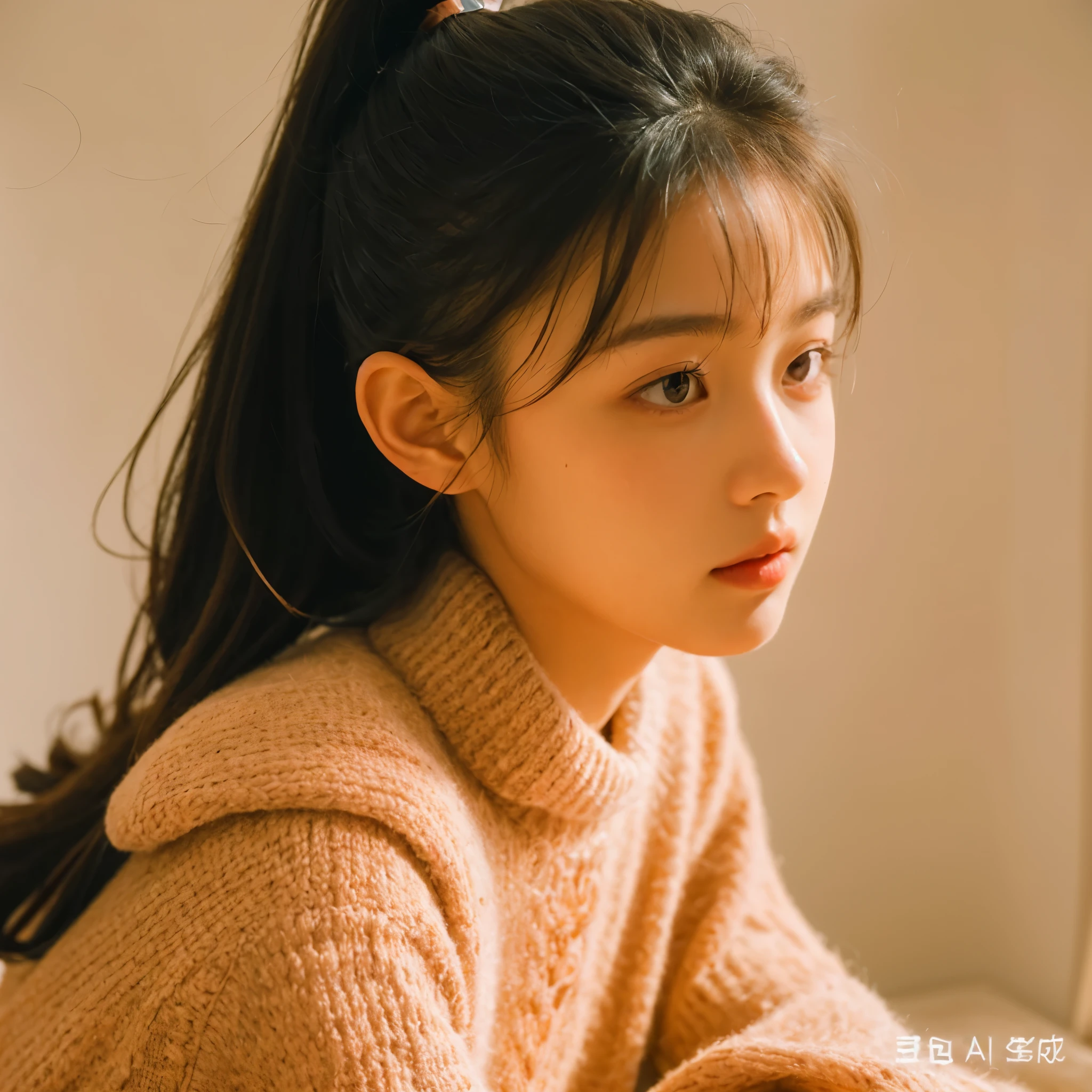 whole body,profile,A high school girl with a good figure,wearing a sweater,cute,in bedroom,ponytail,real,real,Rich details,ultra high definition,ultra high definition,delicate face,exquisite clothing,bright light and shadow,shy expression,Pose for a photo