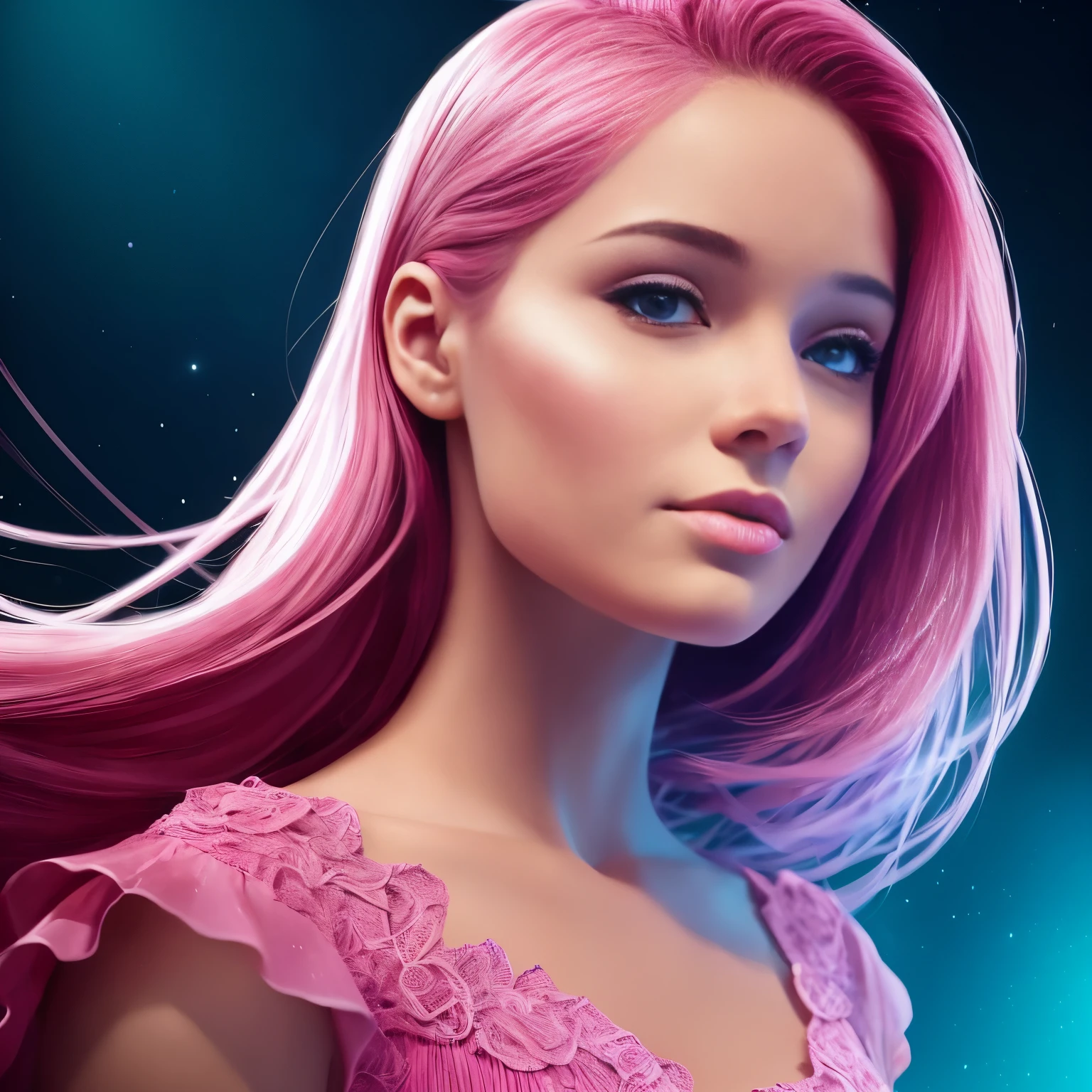 a woman with pink hair and a pink dress is posing, rosto rosa brilhante, stunning digital illustration, linda arte digitalwork, magenta lighting. fantasia, pintura digital brilhante, linda arte digital, Arte digital detalhada em 4k, beautiful digital illustration, Arte digital altamente detalhada em 4k, linda arte digital, arte digital realista 4k, arte digital realista 4k, digital art with airbrush