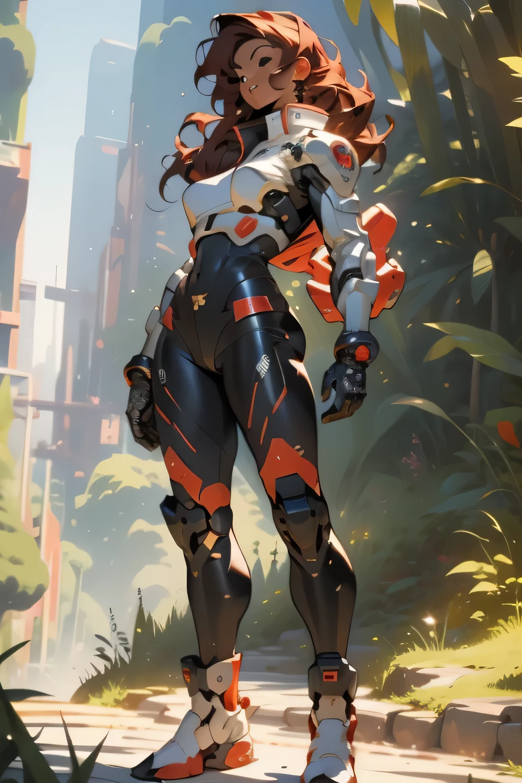 ((Best quality)), ((masterpiece)), (detailed: 1.4), (Absurd), (((full body)), (((woman))), 20-year-old woman, Beautiful muscular woman, giant robot pilot, perfect body savage, wearing little clothes, tiny thong